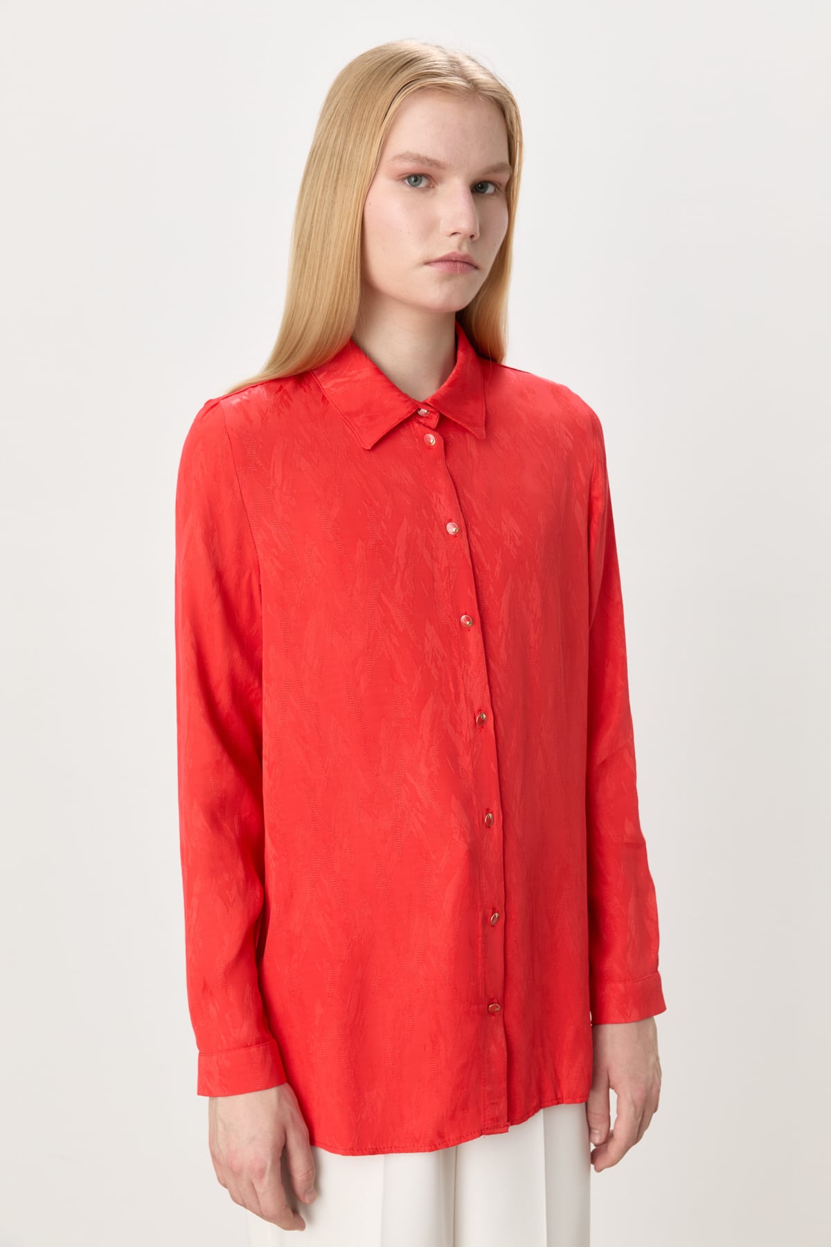 NİHAN Shirts Nihan Jakar Kumaş Viskon Gömlek  Mercan_modest