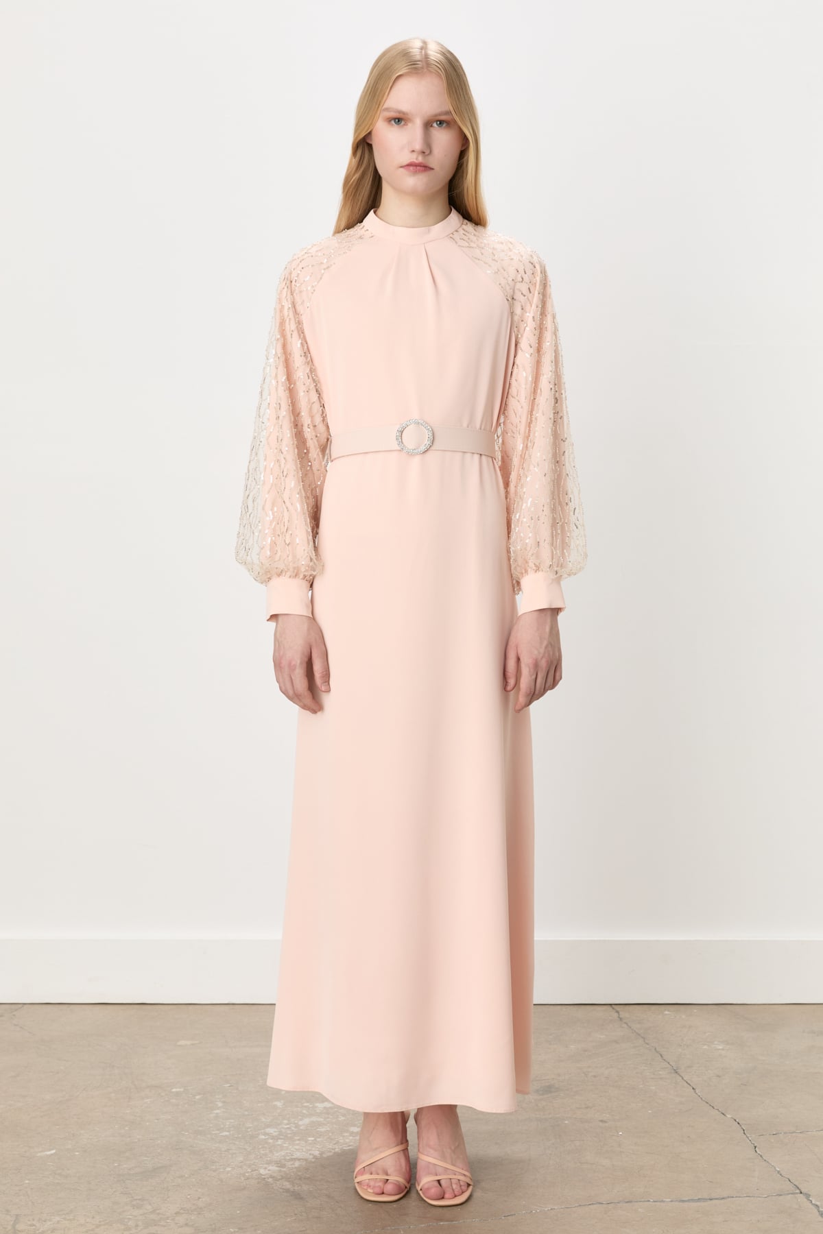 NİHAN Dress Nihan Kol Detaylı Kuşaklı Elbise  Bej_modest
