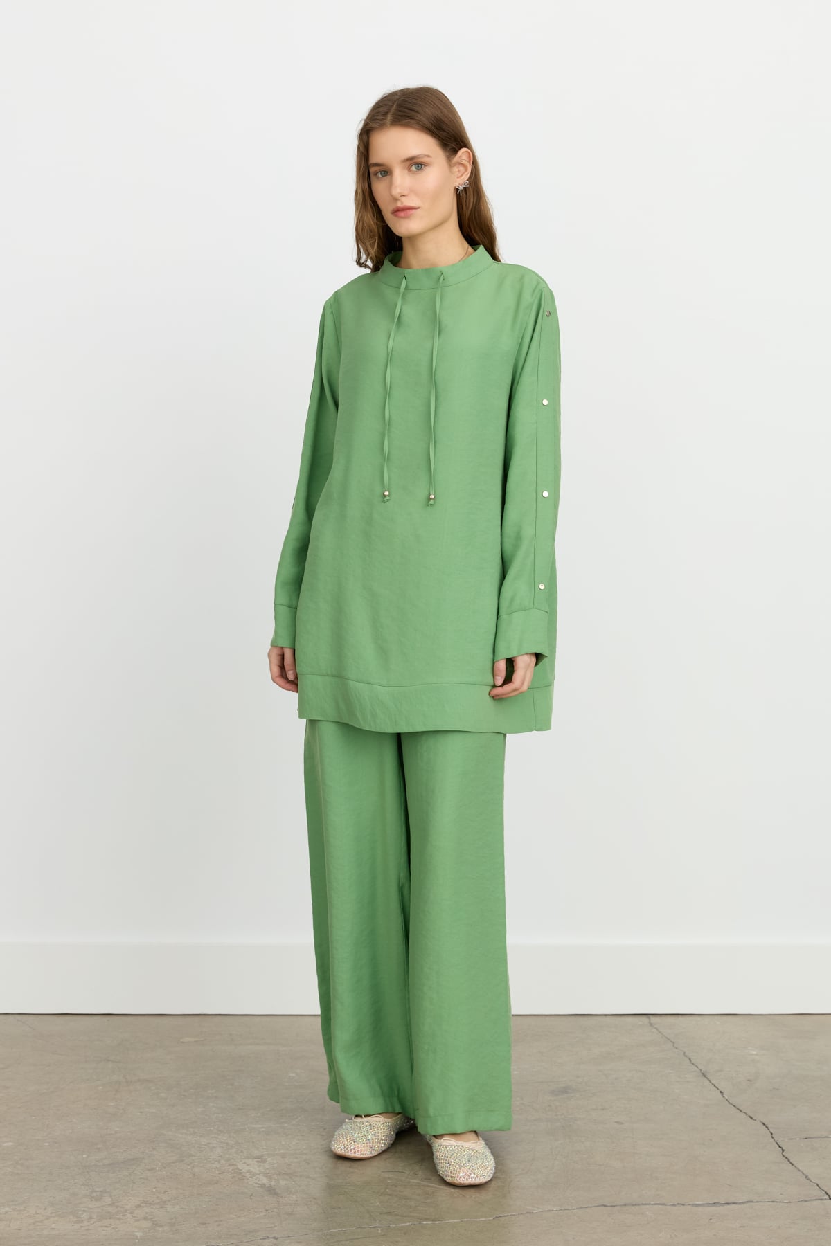 NİHAN Takım Nihan Kol Detaylı Pantolon Tunik Takım  Benetton Yeşili - Siyah_modest