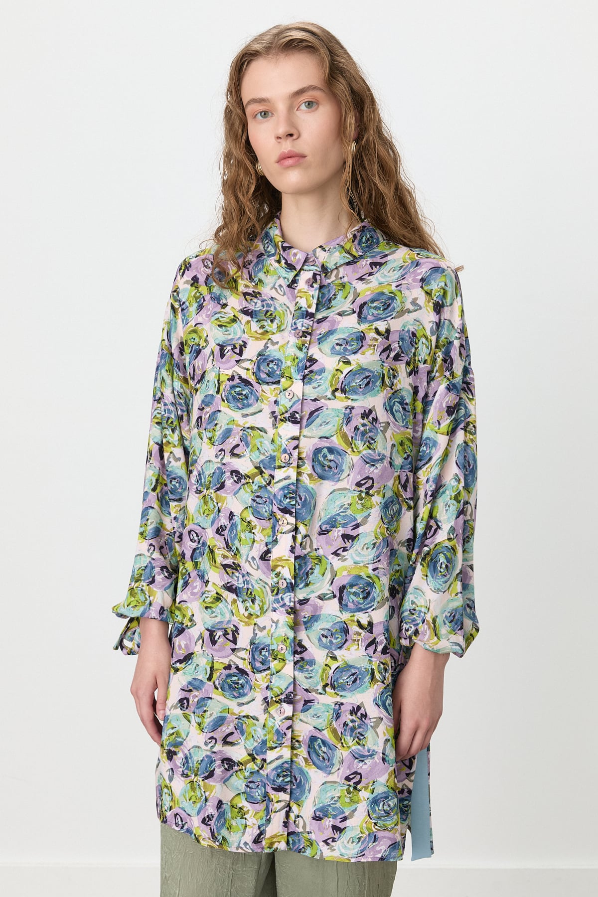 NİHAN Tunic Nihan Kolları Bağlamalı Gömlek Yaka Desenli Empirme Tunik  Mor_modest