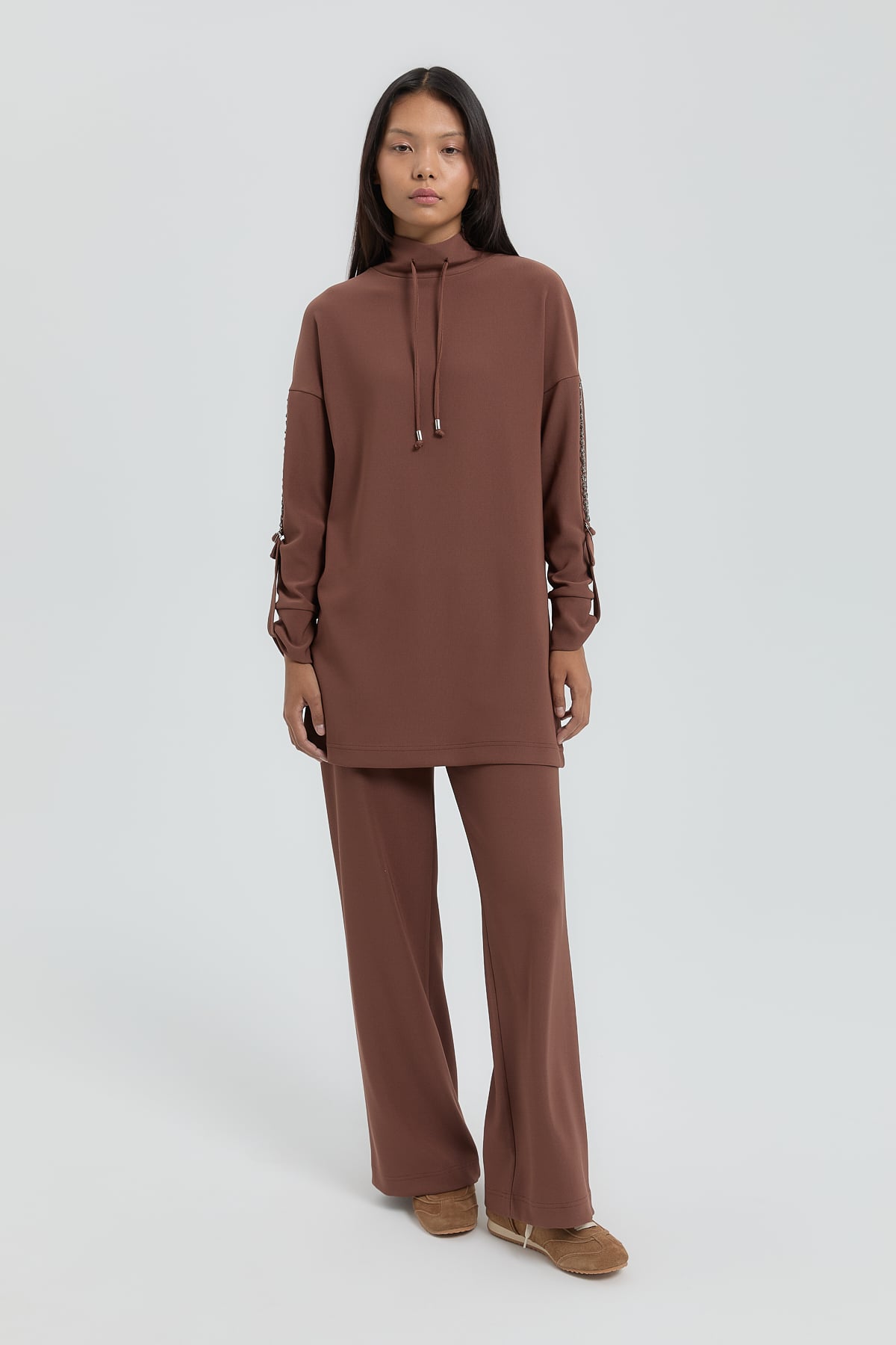 NİHAN Suits Nihan Kolları Taşlı Örme Pantolon Tunik Takım  Kahve_modest
