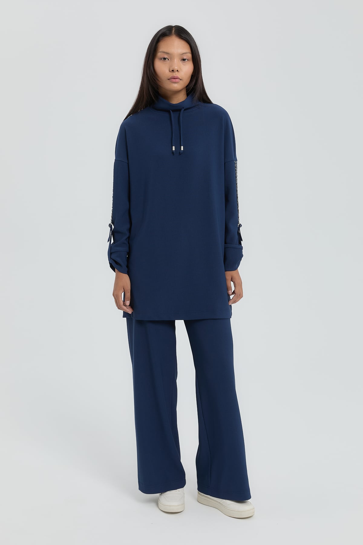 NİHAN Takım Nihan Kolları Taşlı Örme Pantolon Tunik Takım  Lacivert_modest