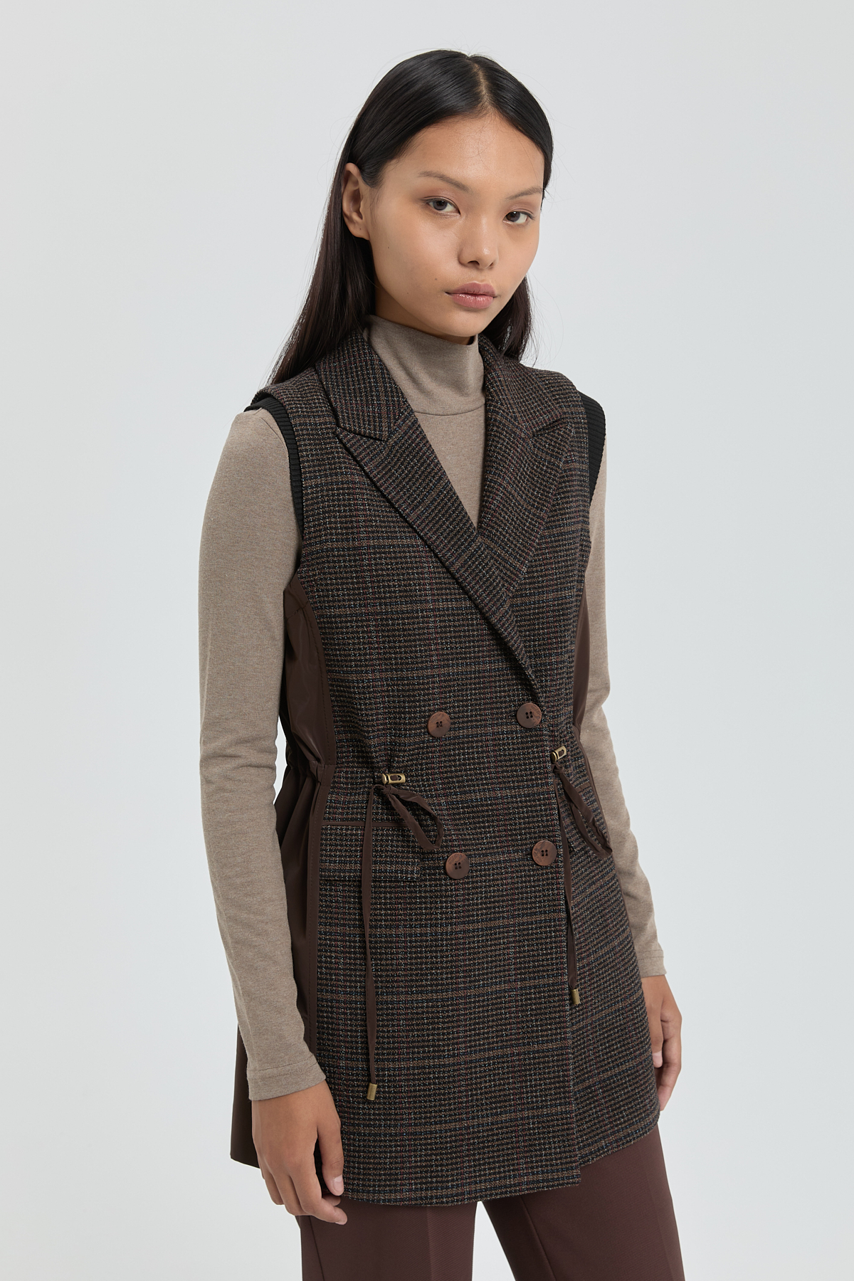 NİHAN Yelek Nihan Kruvaze Ekose Yelek  Kahve_modest