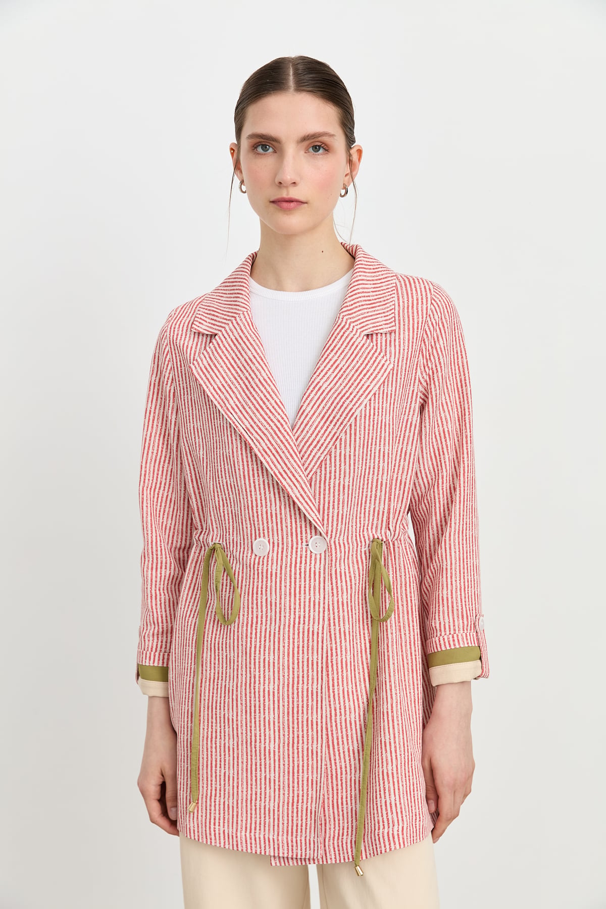 NİHAN Jacket Nihan Kumaş Mixli Kruvaze Ceket  Mercan_modest