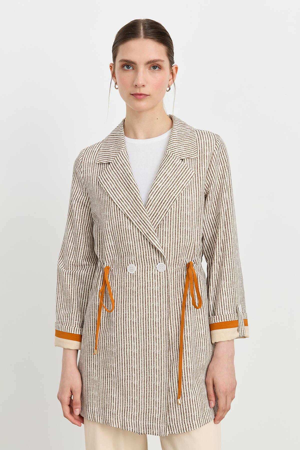 NİHAN Jacket Nihan Kumaş Mixli Kruvaze Ceket  Kahve_modest