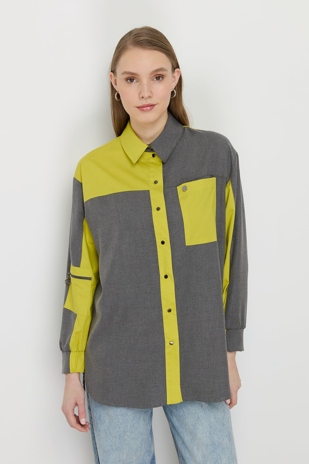 NİHAN Tunik Nihan Kumaş Mixli Spor Gömlek Tunik  Füme_modest