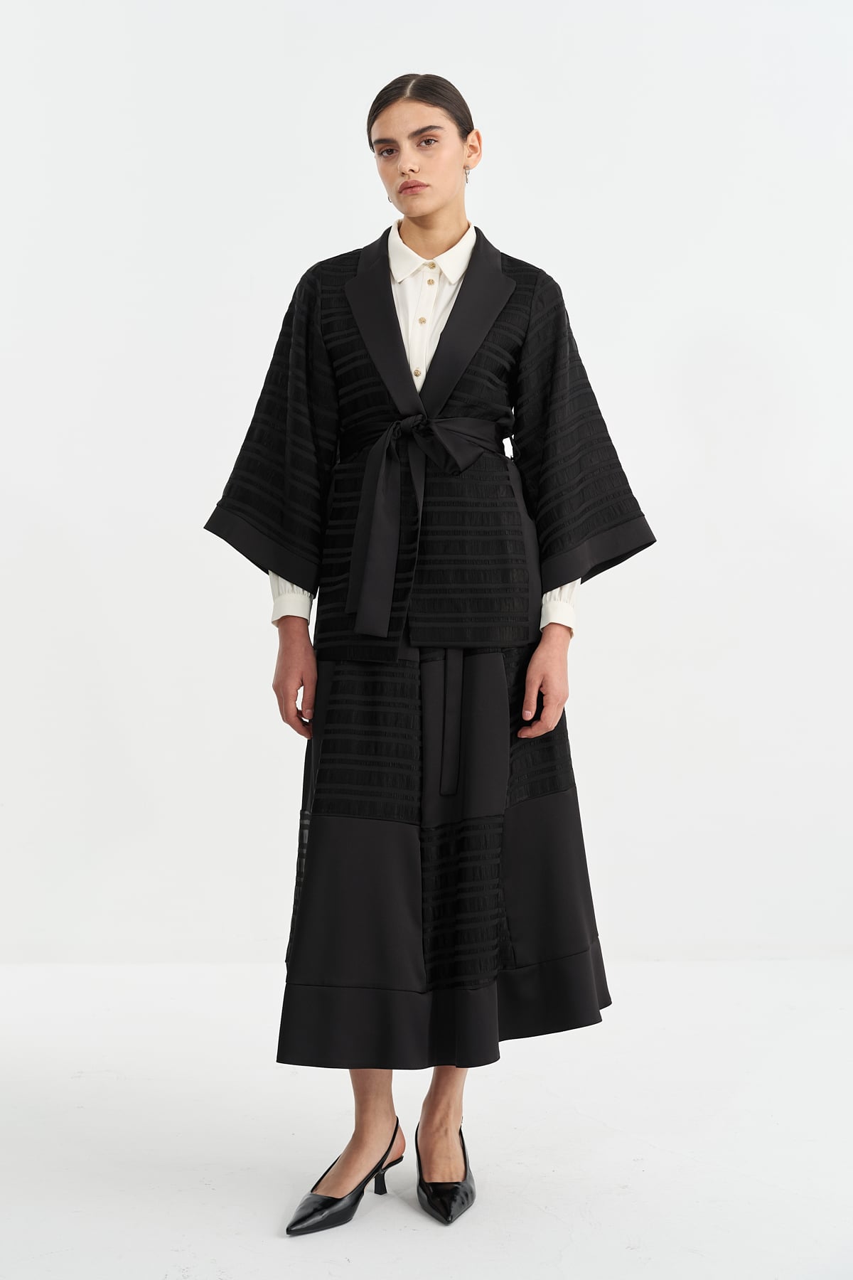 NİHAN Ceket Nihan Kuşaklı File Ceket  Siyah_modest