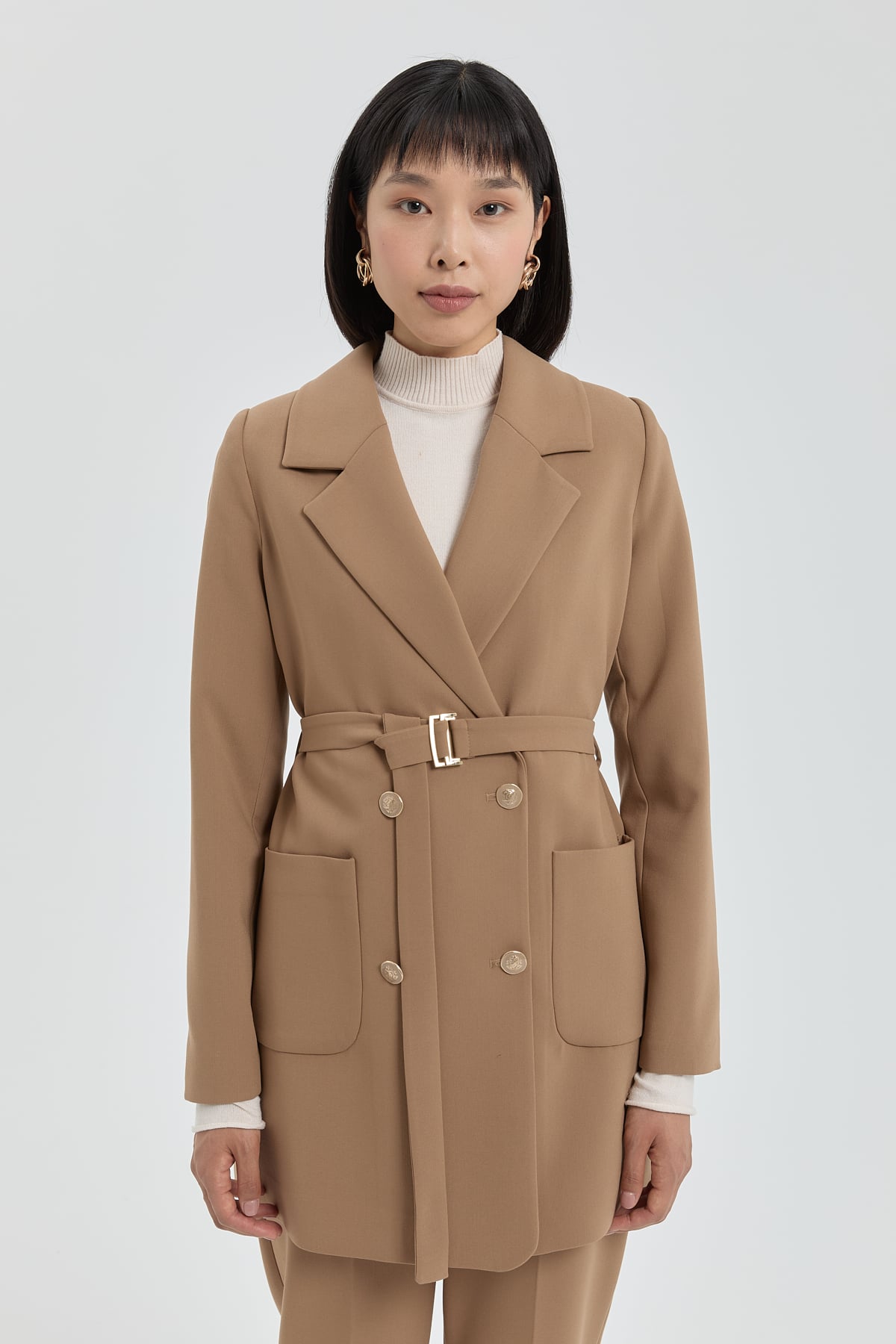 NİHAN Jacket Nihan Kuşaklı Kruvaze Ceket  Camel_modest