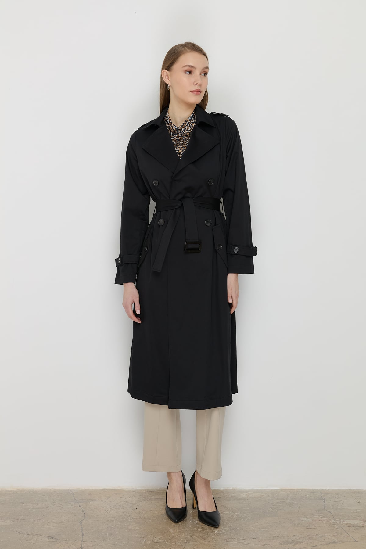 NİHAN Trench Coat Nihan Kuşaklı Kruvaze Trençkot  Siyah_modest