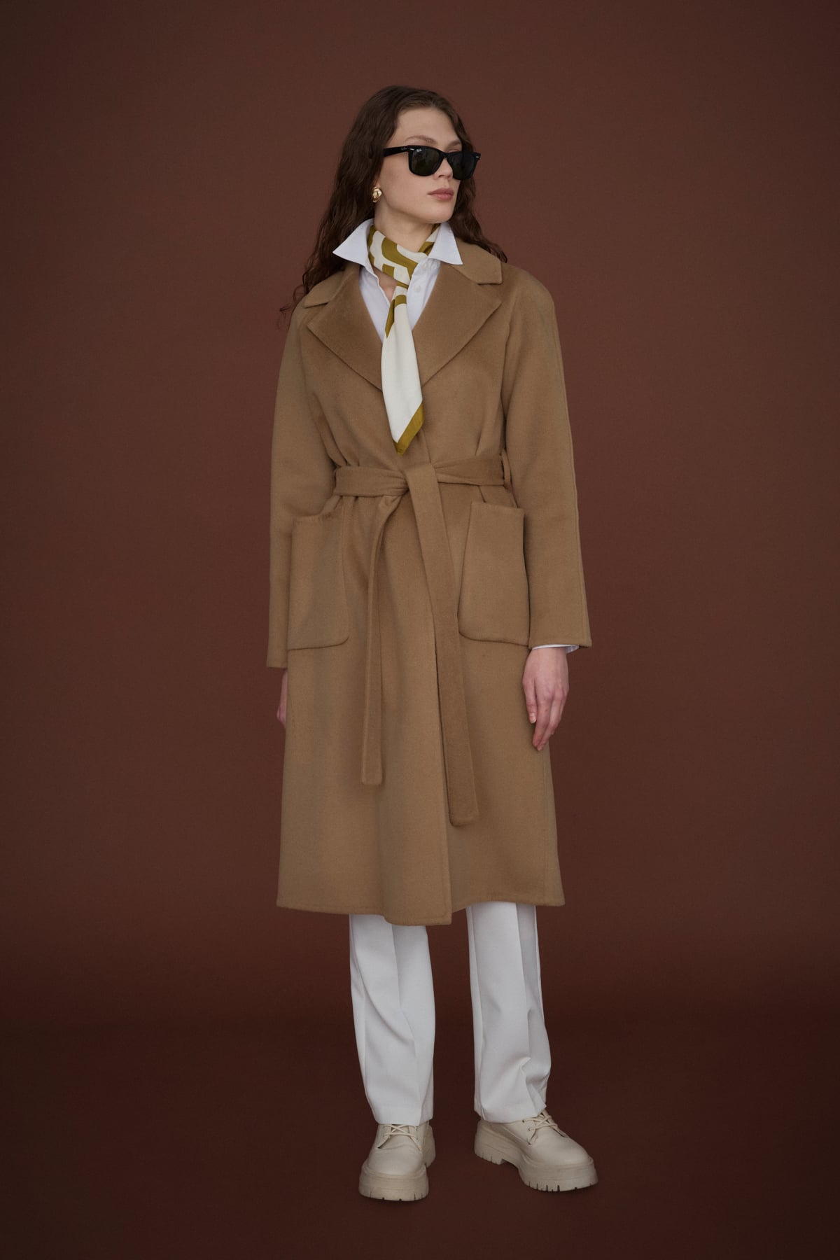 NİHAN Coat Nihan Kuşaklı Torba Cepli Kaşmir Kaban  Vizon_modest