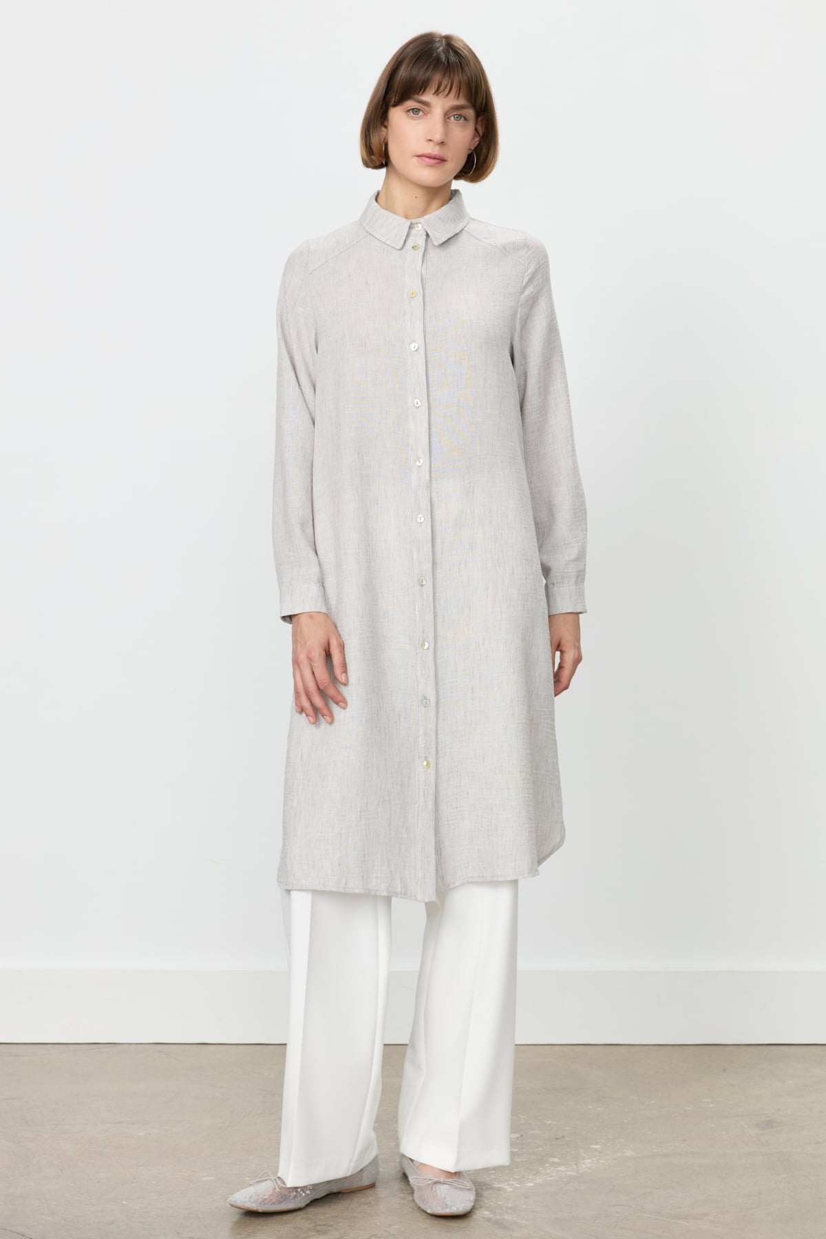 NİHAN Tunic Nihan Kuşgözü Detaylı Gömlek Yaka Tunik  Gri_modest