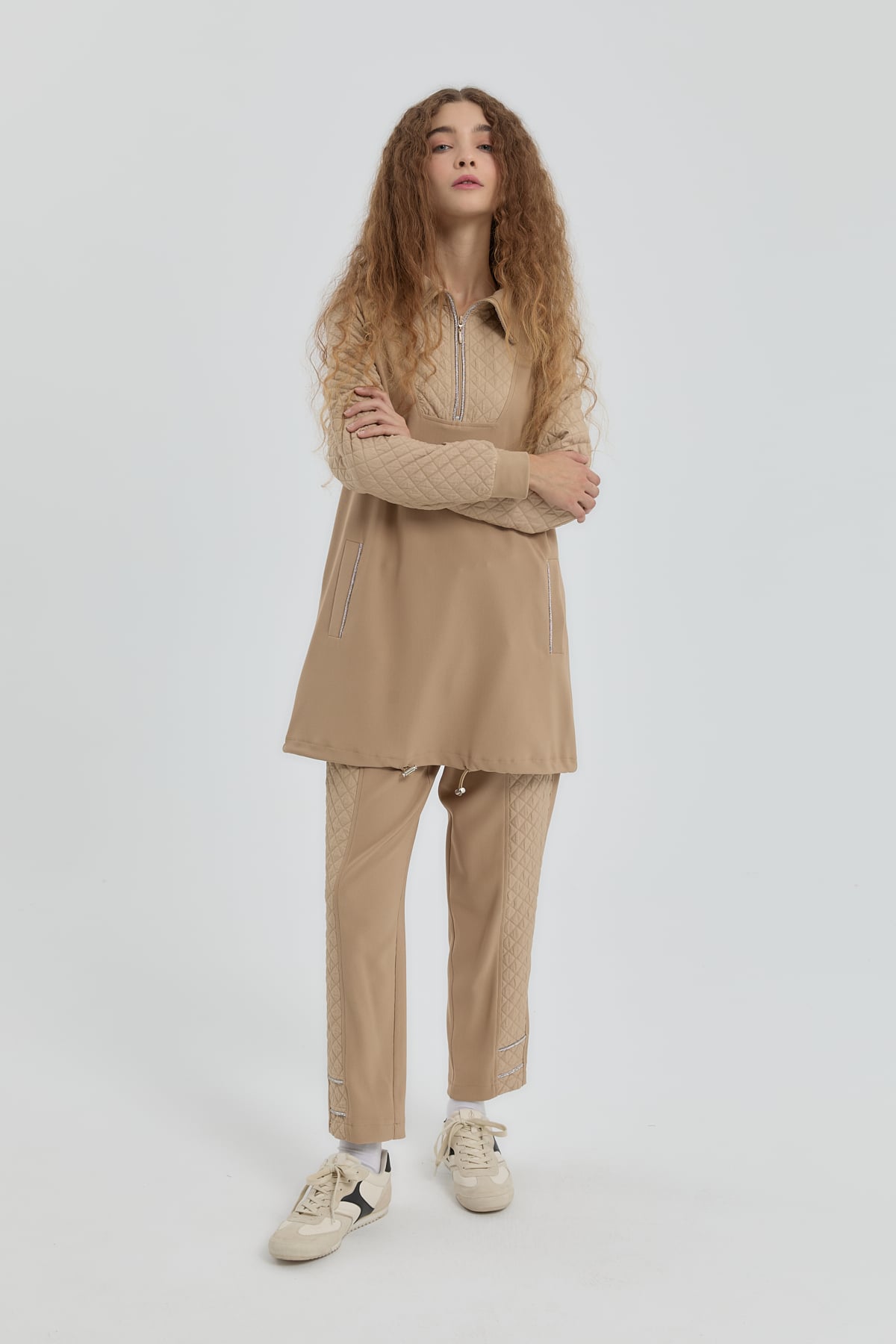NİHAN Takım Nihan Leopar Jakarlı Örme Pantolon Tunik Takım  Camel_modest