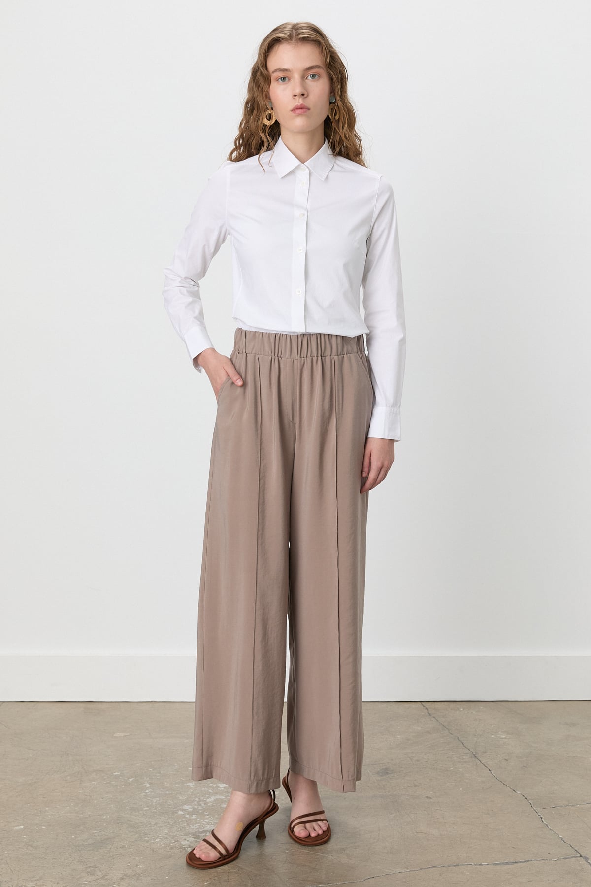 NİHAN Pants Nihan Nervür Detaylı Bol Paça Tencel Pantolon  Vizon_modest
