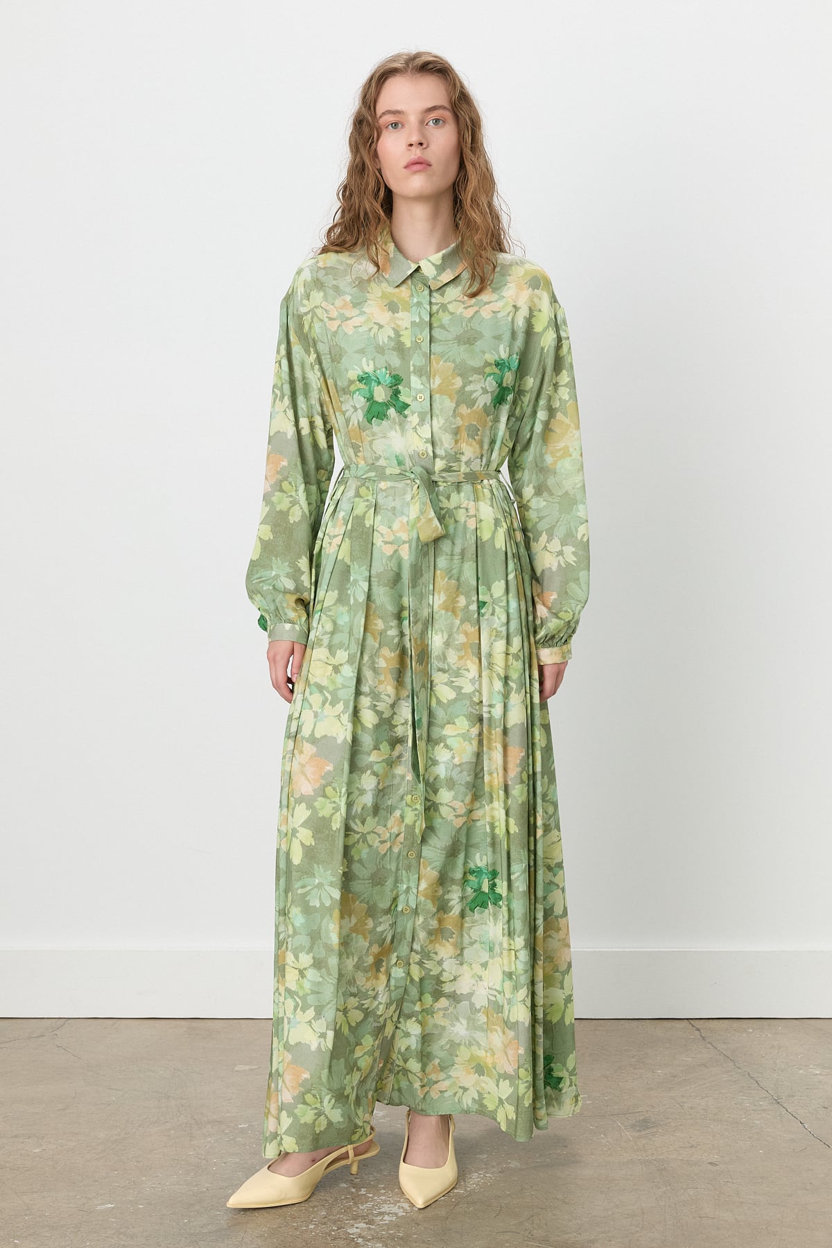 NİHAN Elbise Nihan  Önden Düğmeli Gömlek Yaka Empirme Elbise  Haki_modest