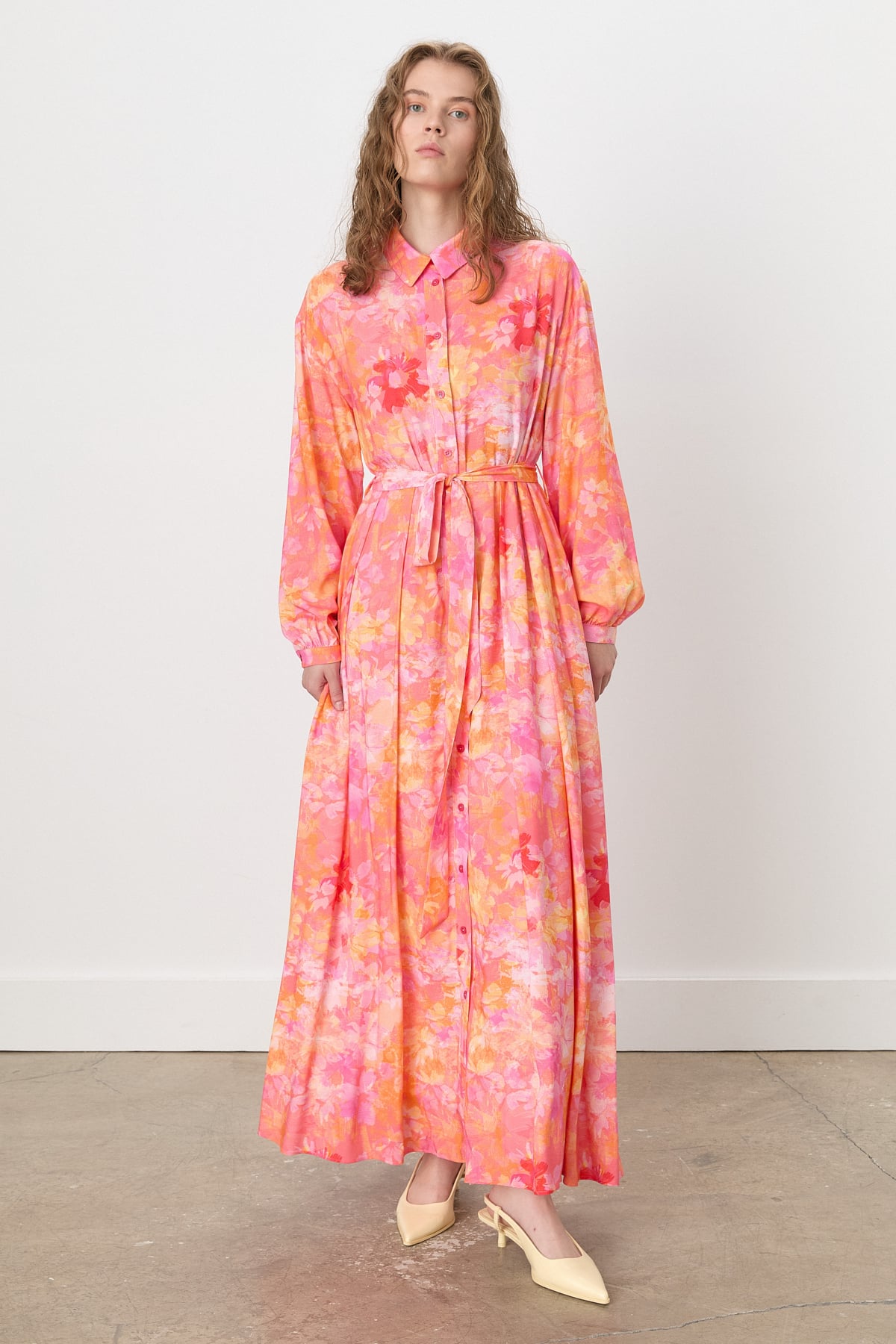 NİHAN Elbise Nihan  Önden Düğmeli Gömlek Yaka Empirme Elbise  Oranj_modest