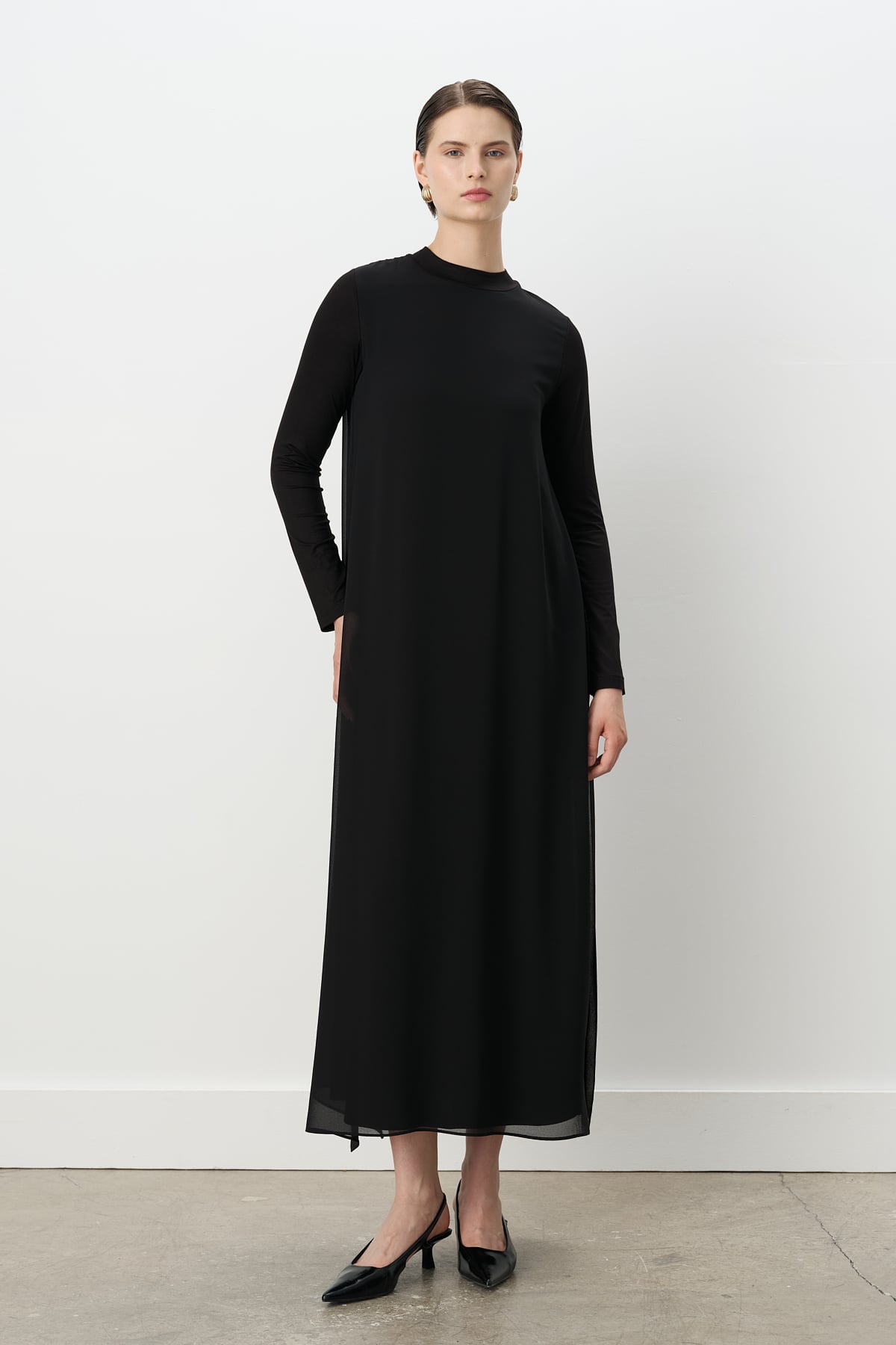NİHAN Elbise Nihan Önü Şifonlu Penye Elbise  Siyah_modest