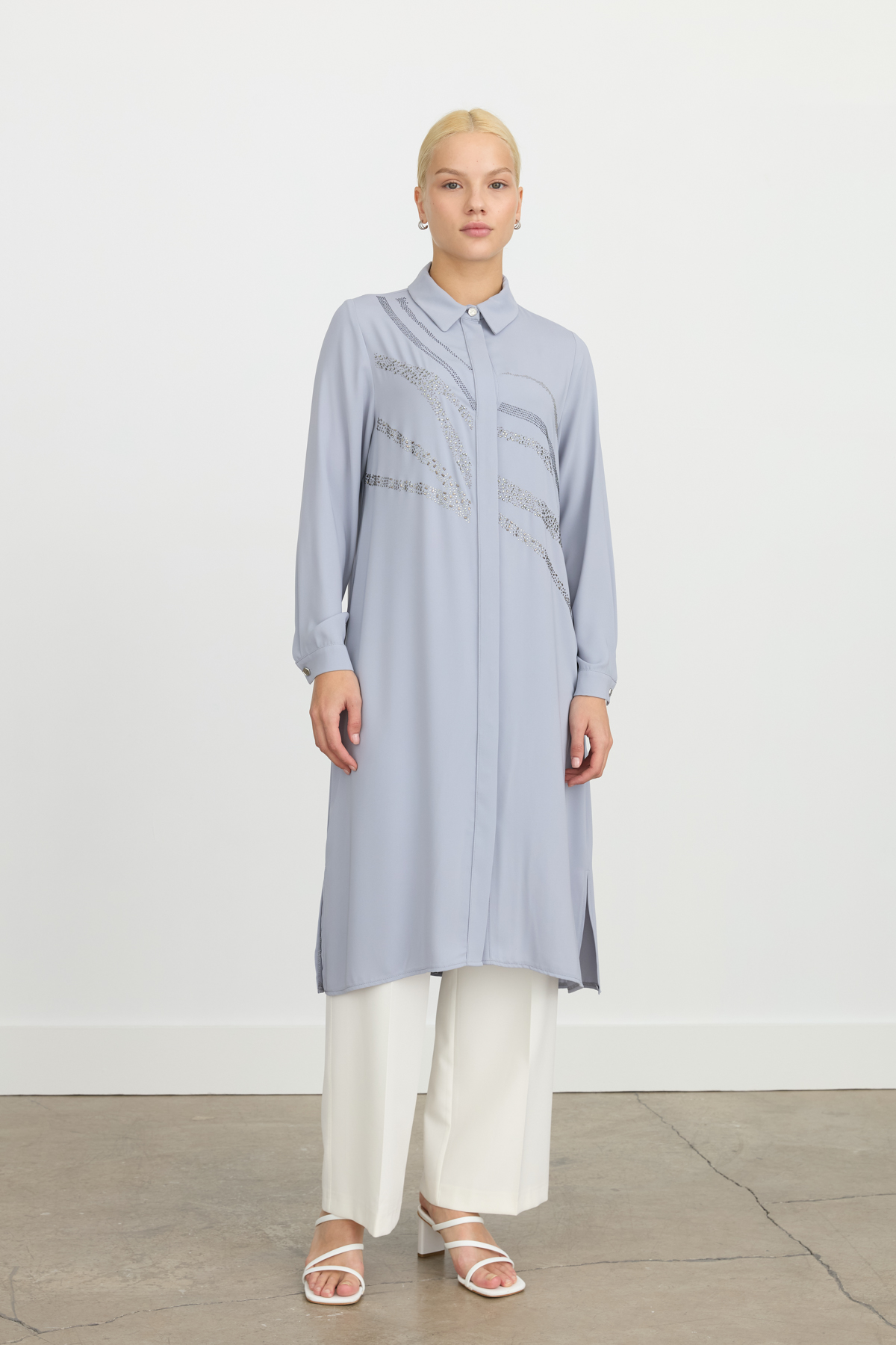 NİHAN Tunik Nihan Önü Taşlı Düz Kesim Uzun Tunik  Gri_modest