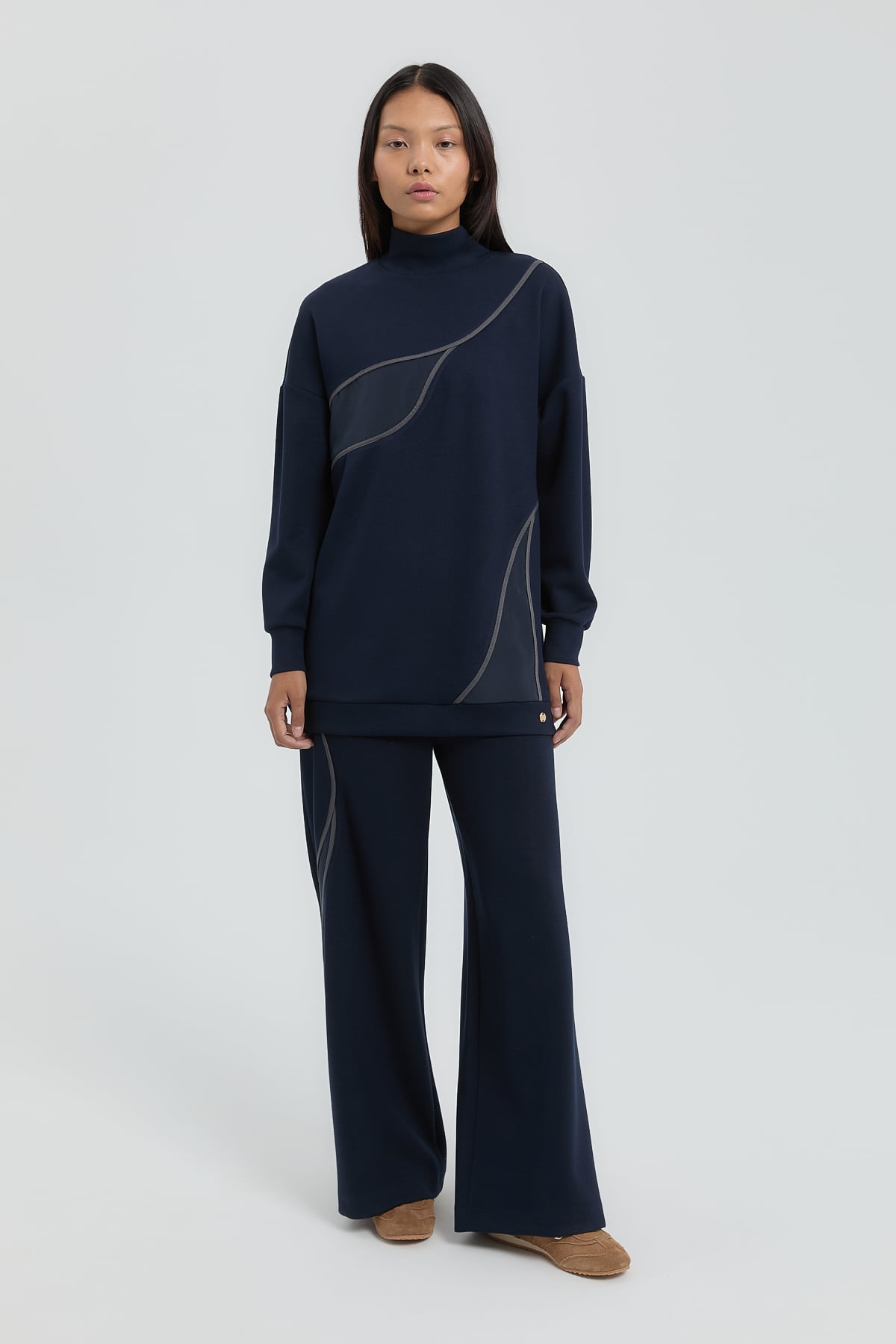 NİHAN Takım Nihan Örme Garnili Pantolon Tunik Takım  Lacivert_modest