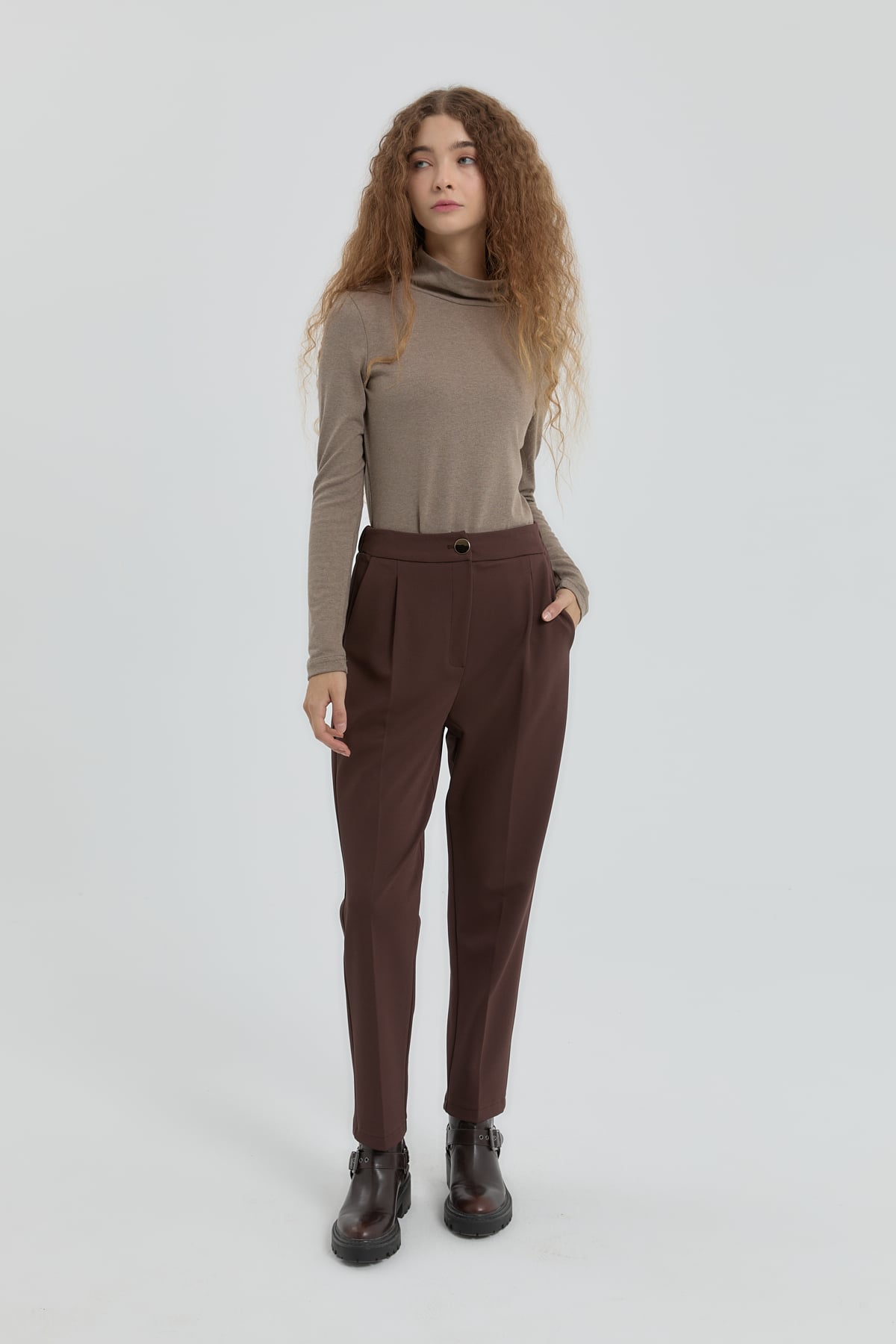 NİHAN Pants Nihan Örme Havuç Pantolon  Kahve_modest