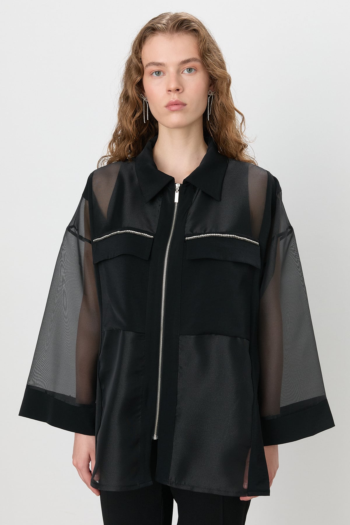 NİHAN Jacket Nihan Parlak Taşlı Organze Ceket  Siyah_modest