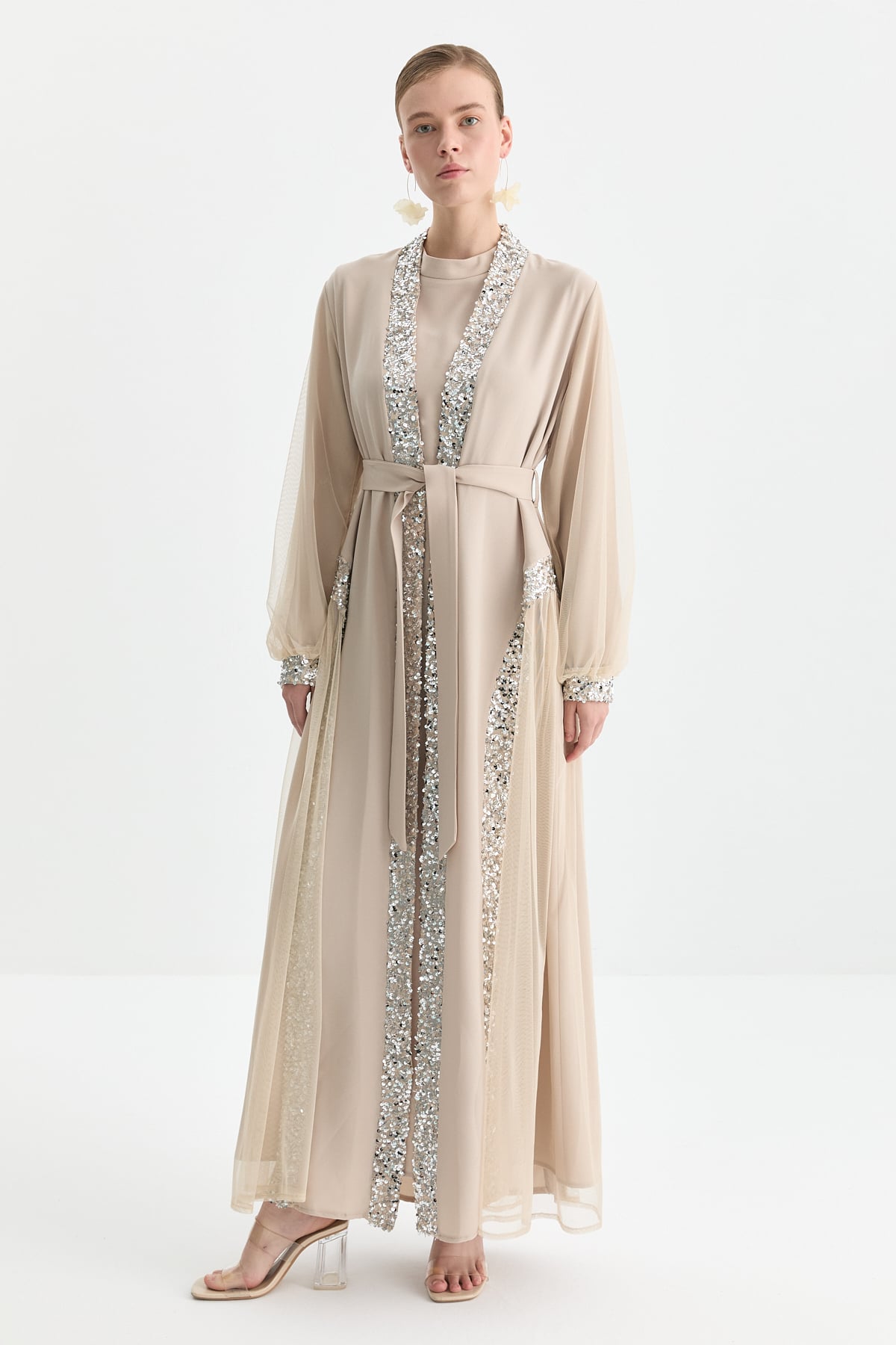 NİHAN Abaya Nihan Payet Detaylı Elbiseli Abaya Takım  Bej_modest