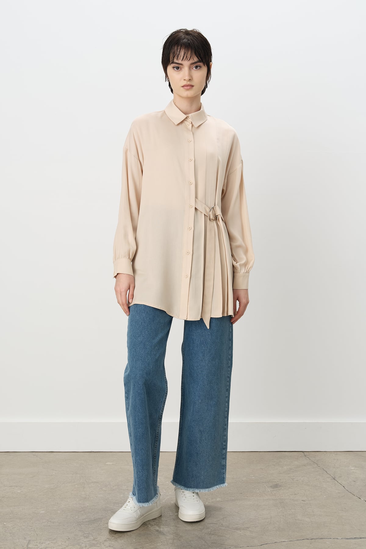 NİHAN Tunik Nihan Pile ve Kemer Detaylı Tencel Tunik  Bej_modest