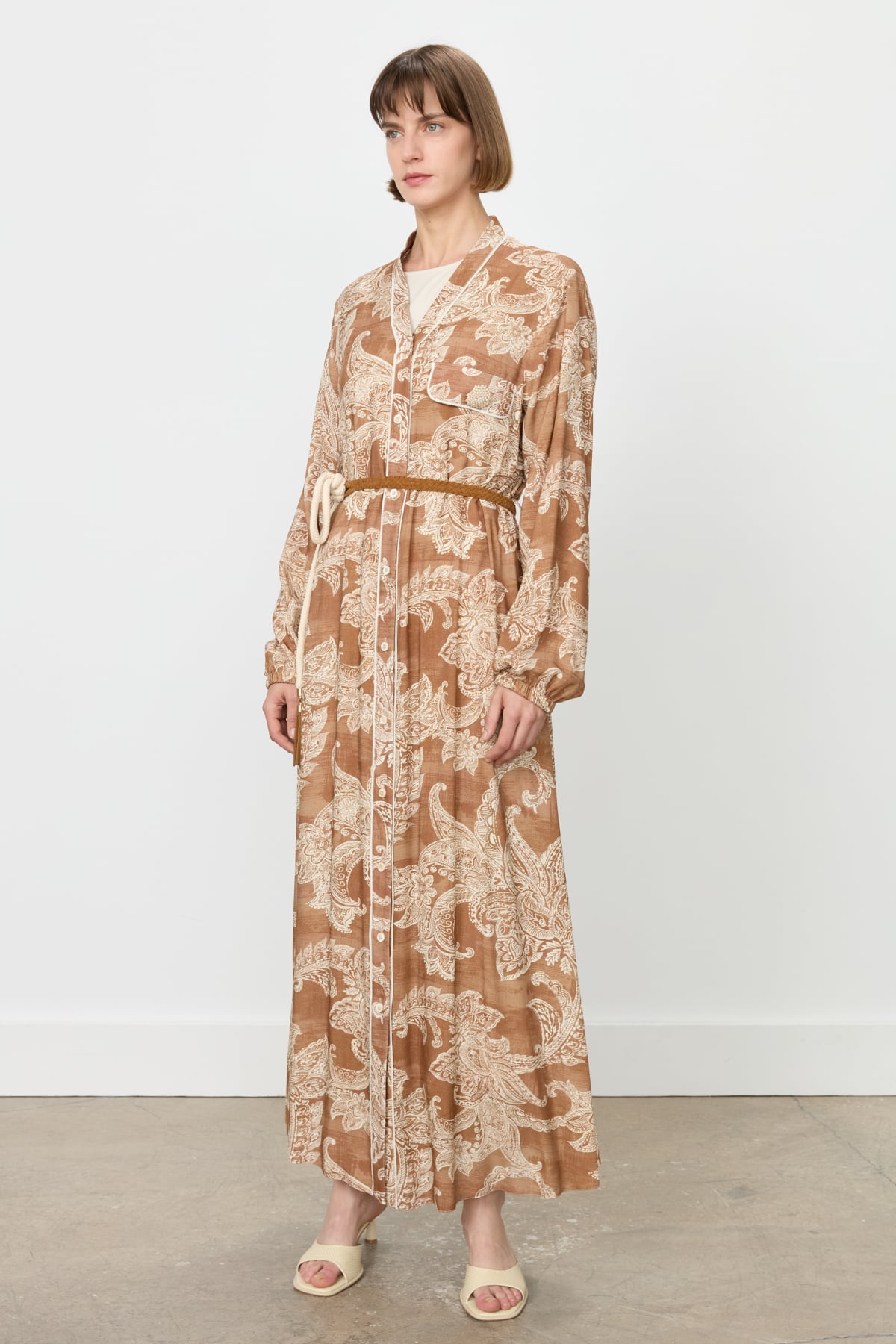 NİHAN Elbise Nihan Rahat Kalıp Keten Elbise  Camel_modest