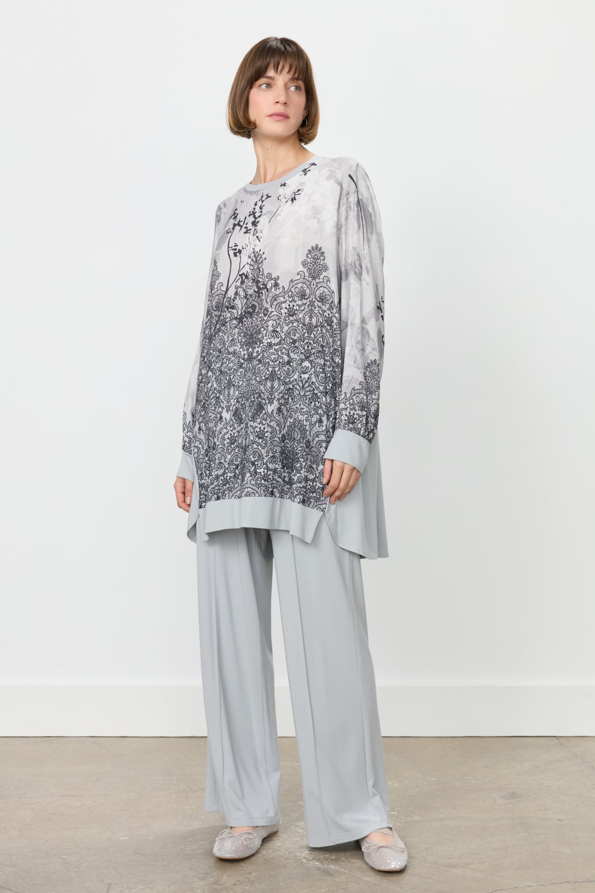 NİHAN Takım Nihan Rahat Kalıp Viskon Pantolon Tunik Takım  Gri_modest