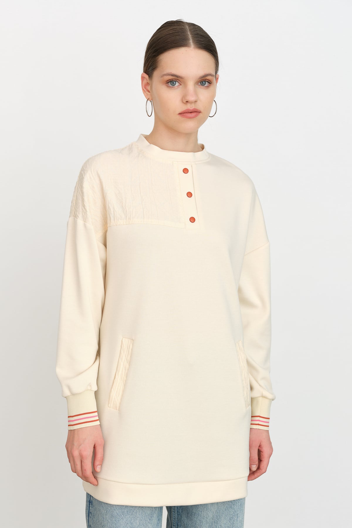 NİHAN Sweat Nihan Ribana Detaylı Kumaş Garnili Sweat  Krem_modest