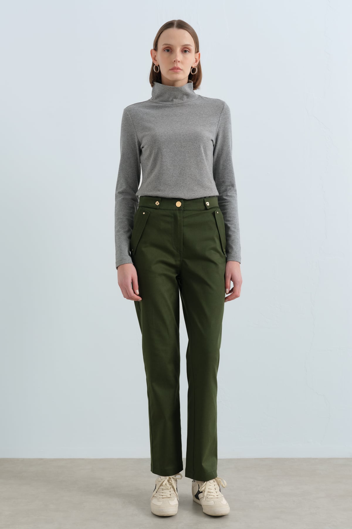 NİHAN Pants Nihan Rivet Detaylı Boru Paça Pantolon  Yeşil_modest