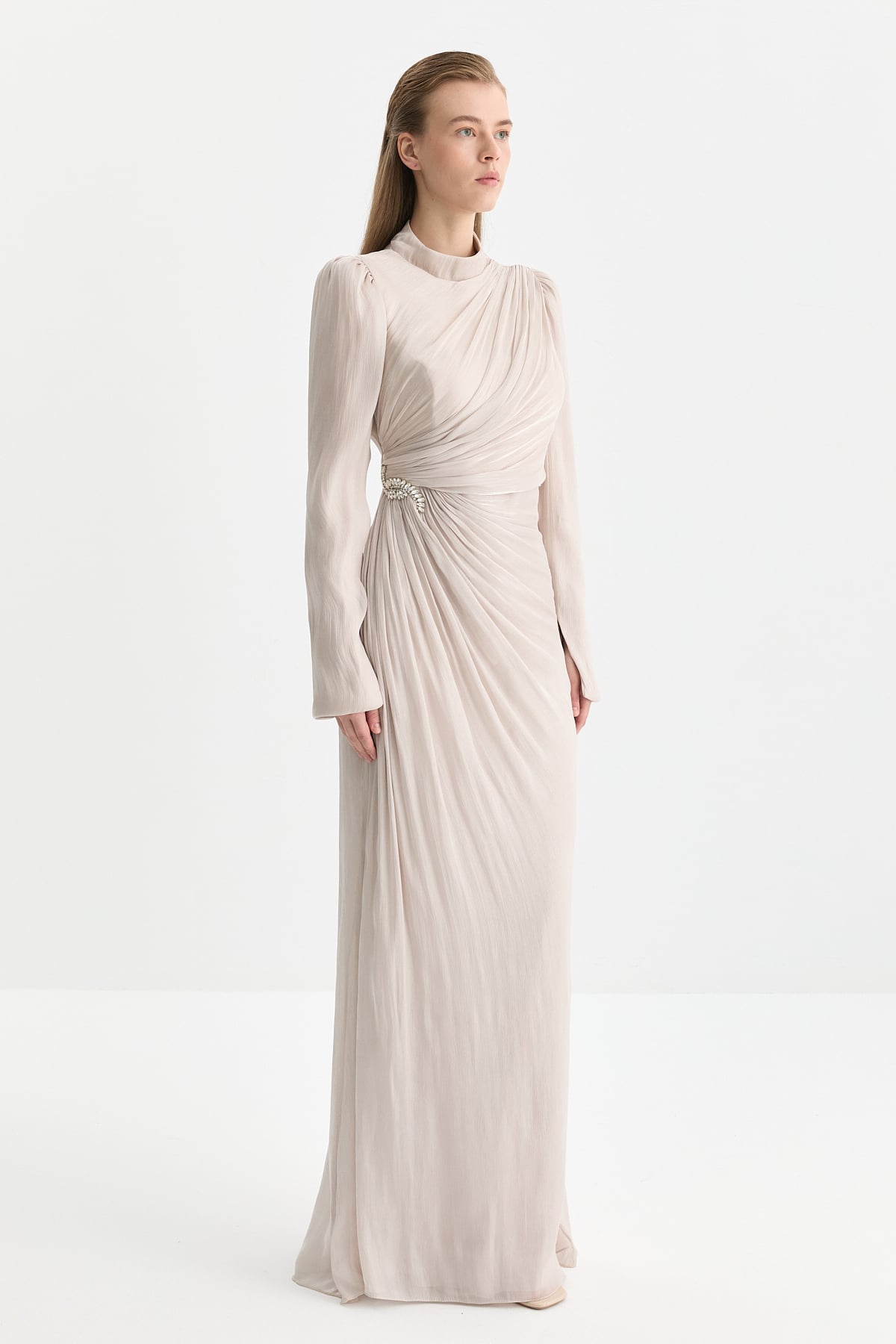 NİHAN Elbise Nihan Taş Aksesuarlı Drapeli Abiye  Bej_modest