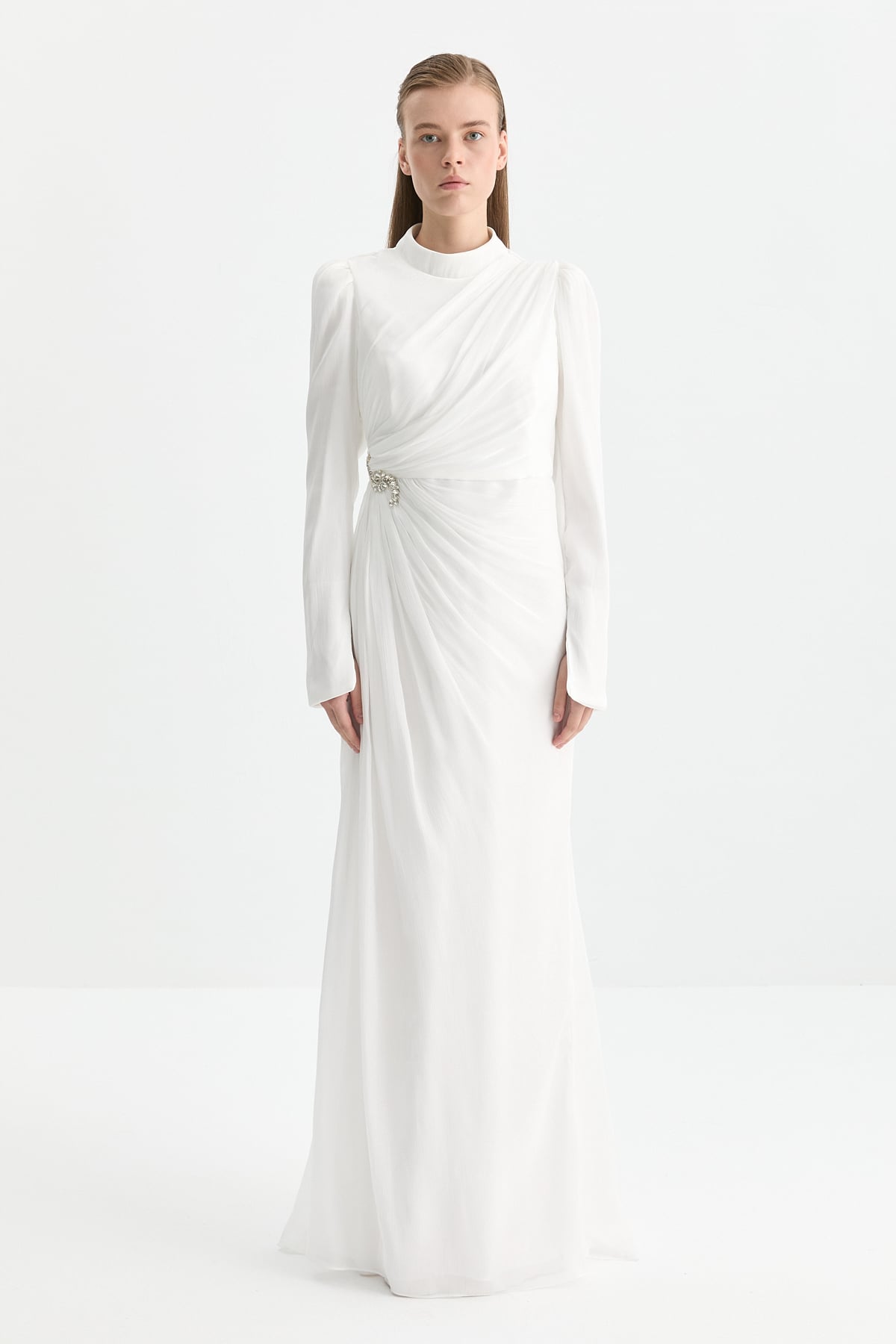 NİHAN Dress Nihan Taş Aksesuarlı Drapeli Abiye  Beyaz_modest