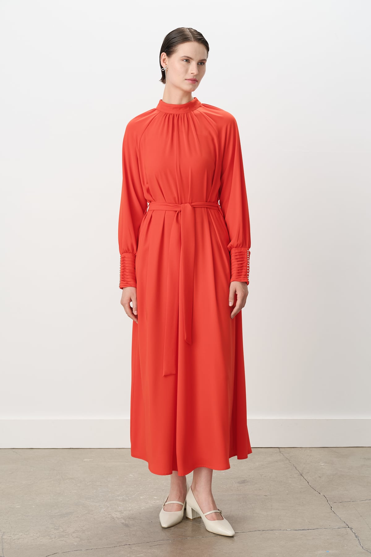 NİHAN Elbise Nihan Taş Detaylı Şık Elbise  Mercan_modest