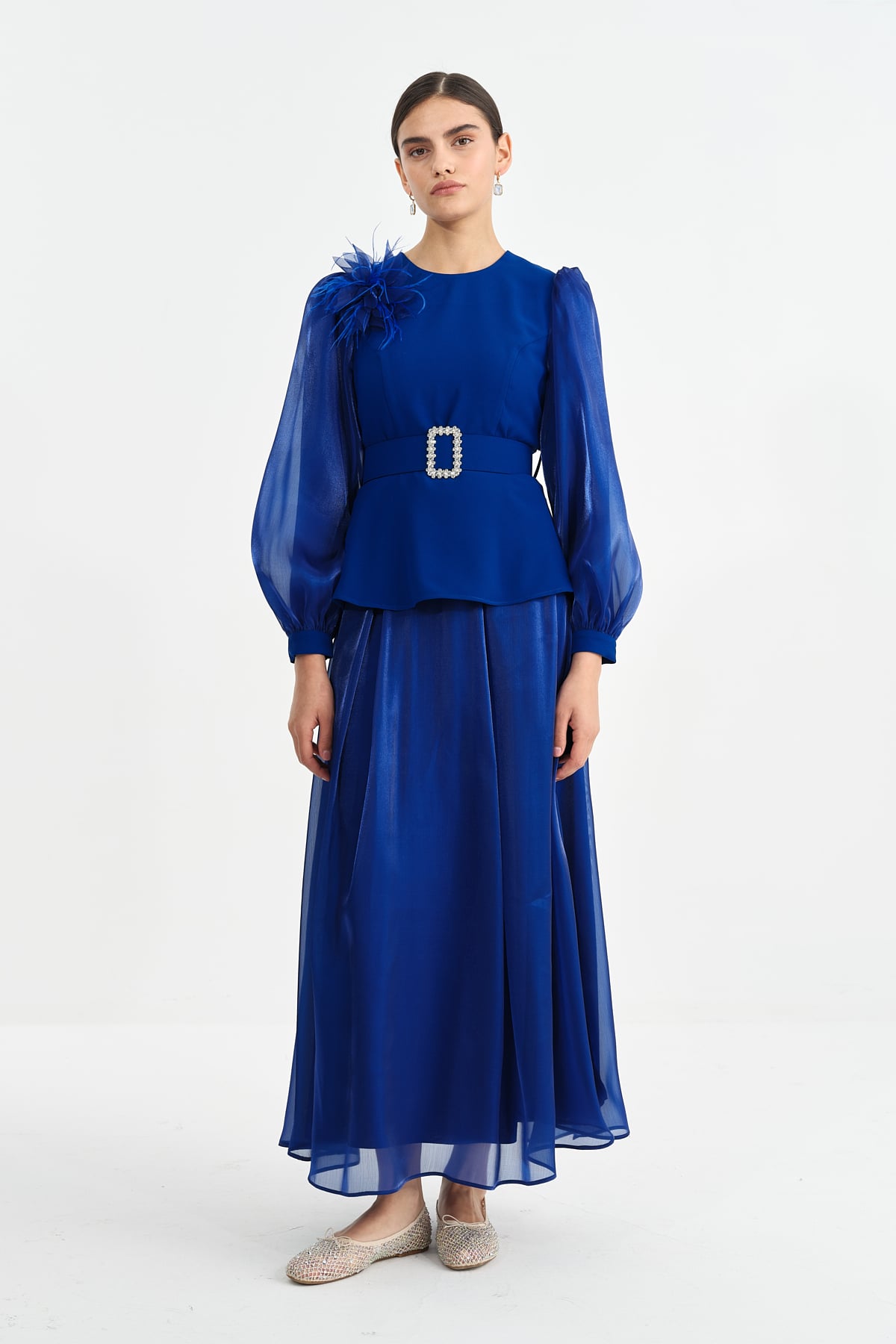 NİHAN Suits Nihan Taş Kemerli Etek Bluz Takım  Saks_modest