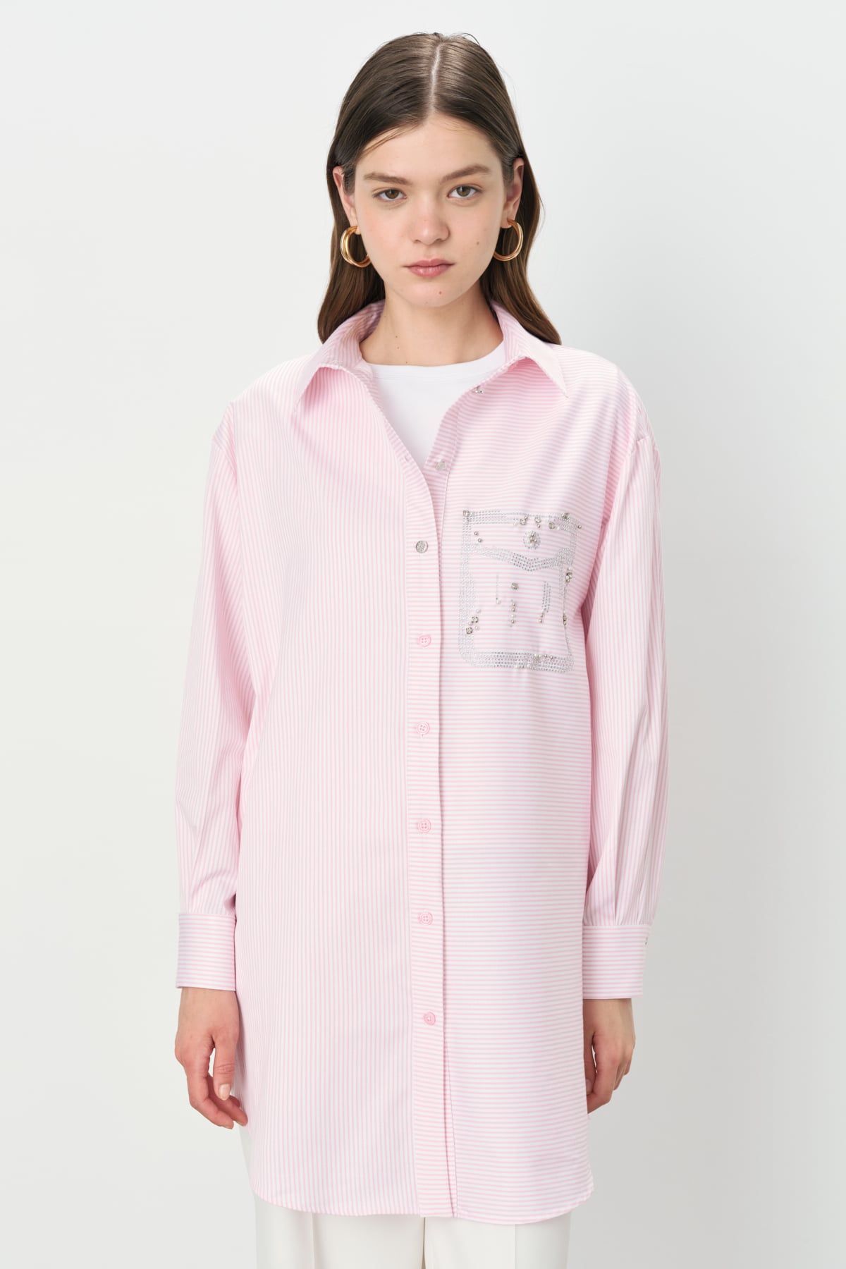 NİHAN Tunik Nihan Taşlı Cep Görünümlü Çizgili Gömlek Tunik  Pembe_modest