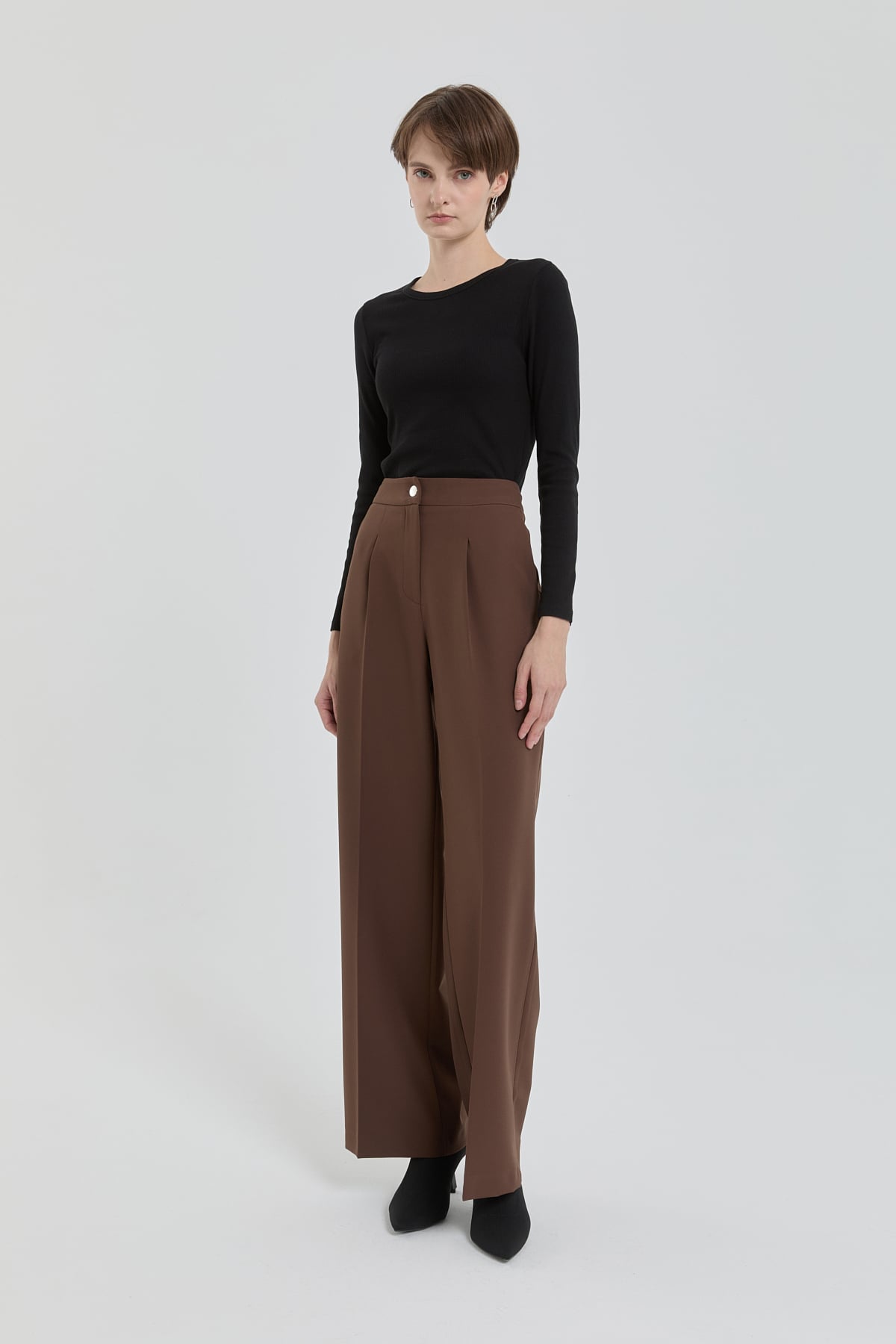 NİHAN Pants Nihan Tek Pile Yüksek Bel Palazzo Pantolon  Kahve_modest
