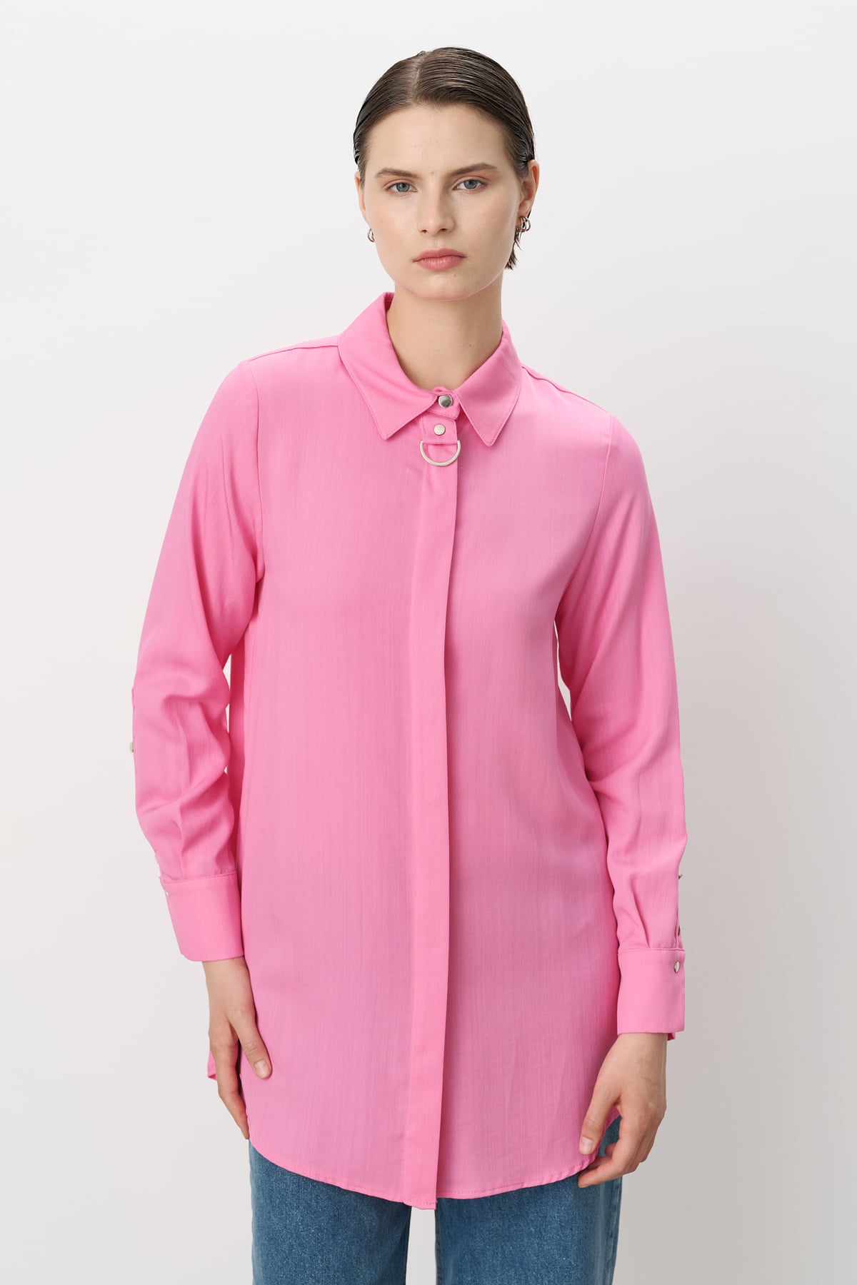 NİHAN Tunik Nihan Toka Detaylı Tencel Tunik  Pembe_modest