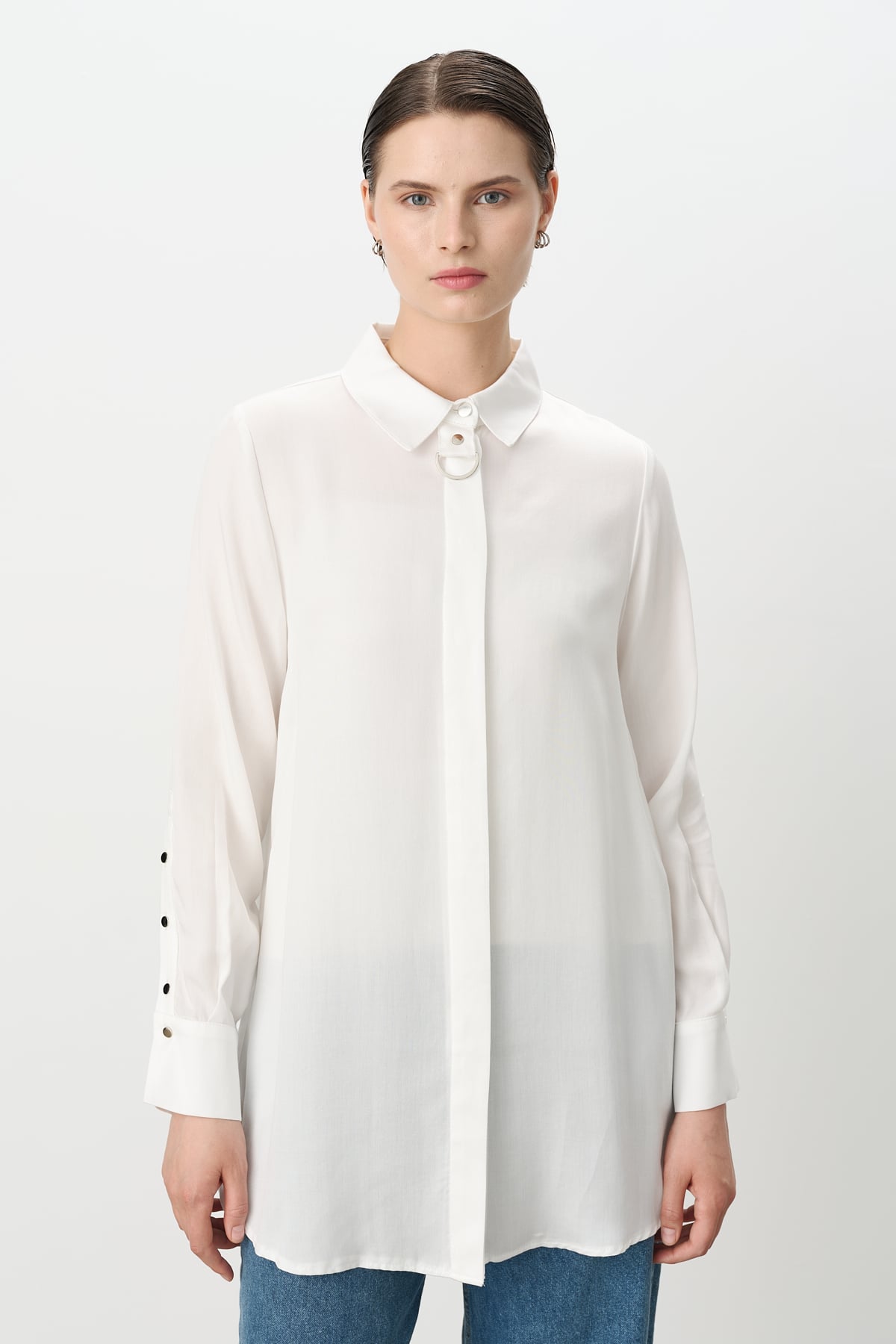 NİHAN Tunik Nihan Toka Detaylı Tencel Tunik  Ekru_modest