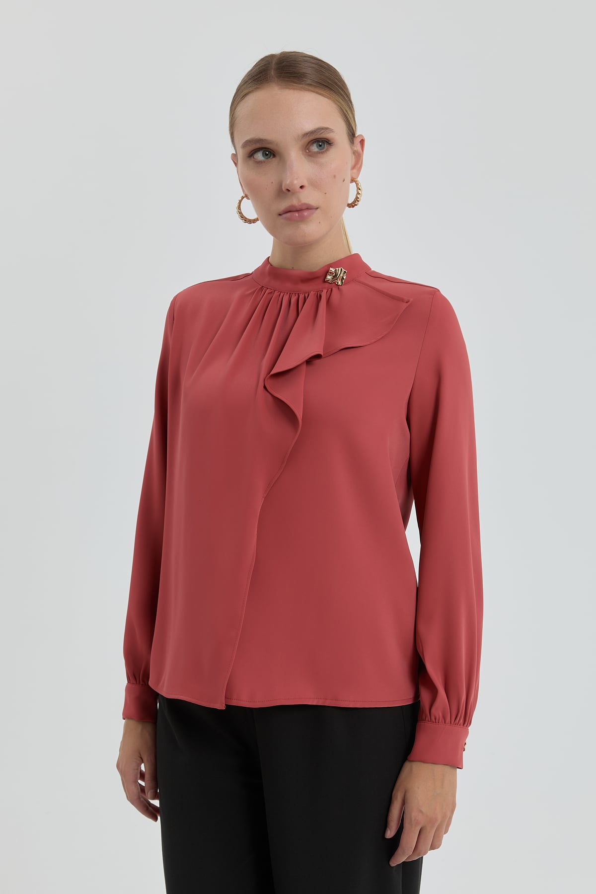 NİHAN Blouse Nihan Volanlı Broşlu Şık Bluz  Kiremit_modest