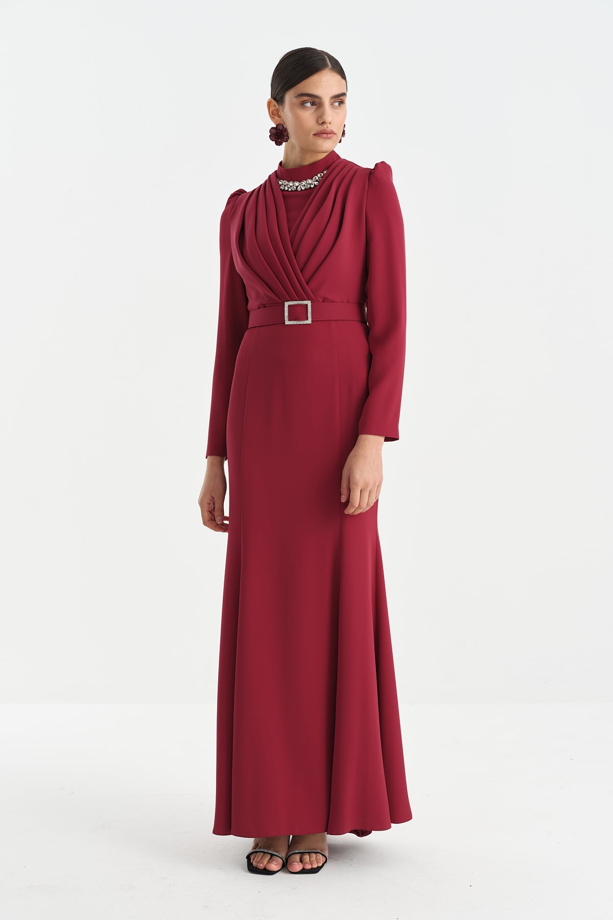 NİHAN Elbise Nihan Yakası Taşlı Kemerli Elbise  Bordo_modest