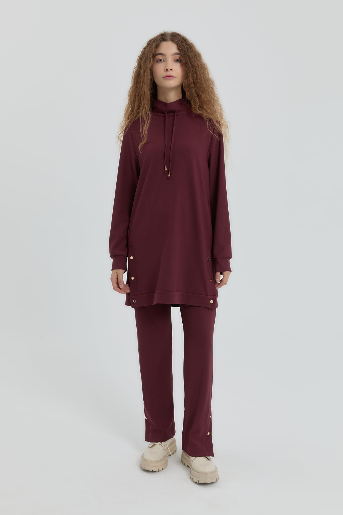 NİHAN Takım Nihan Yan Detaylı Örme Pantolon Tunik Takım  Bordo_modest