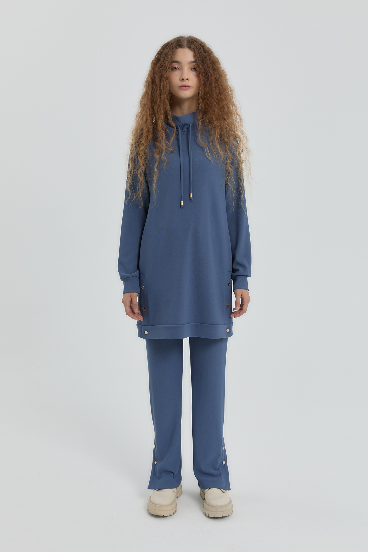 NİHAN Suits Nihan Yan Detaylı Örme Pantolon Tunik Takım  İndigo_modest