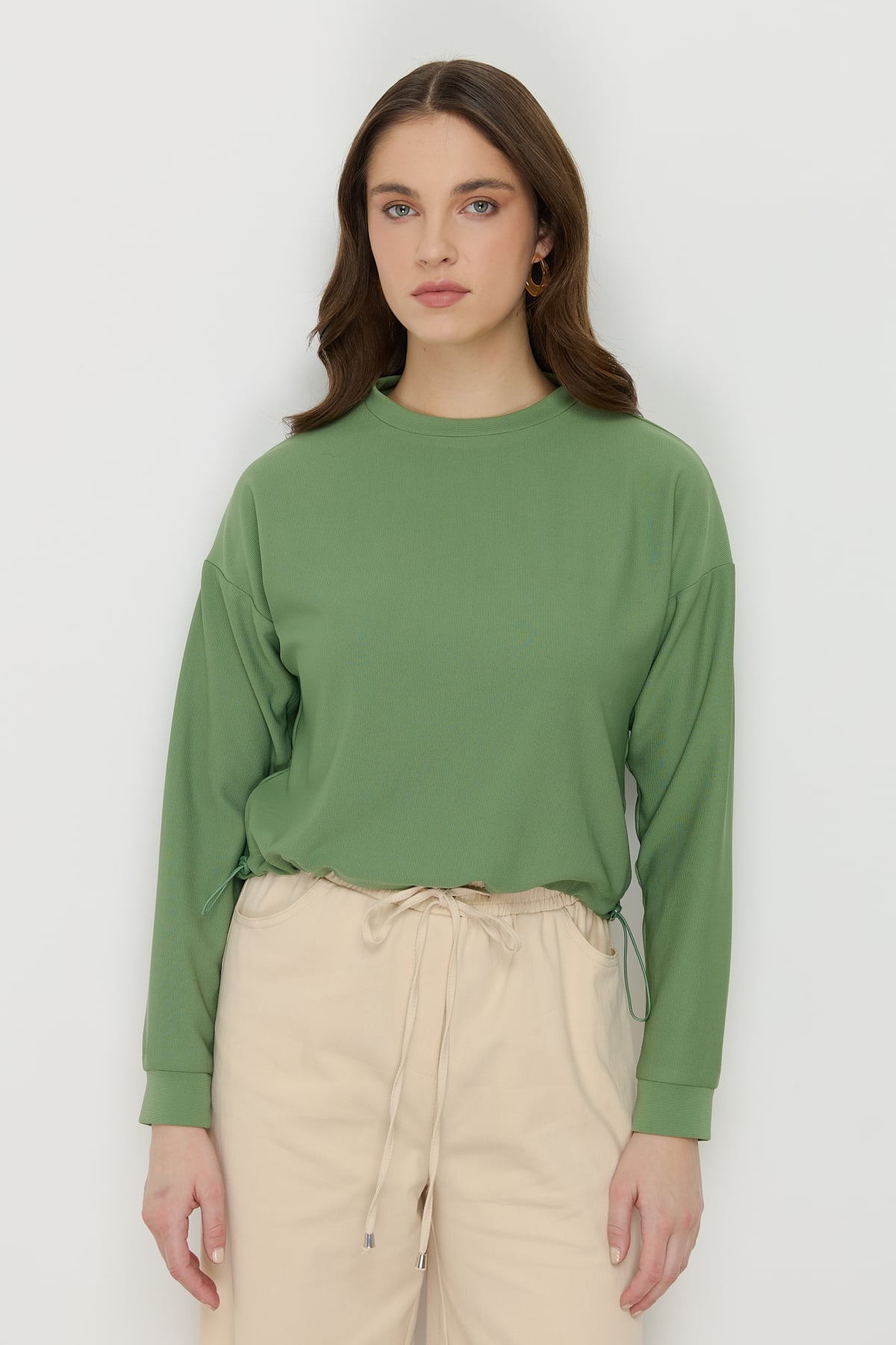 NİHAN Bluz Nihan Yanları Stoperli Basic Crop Bluz  Yeşil_modest