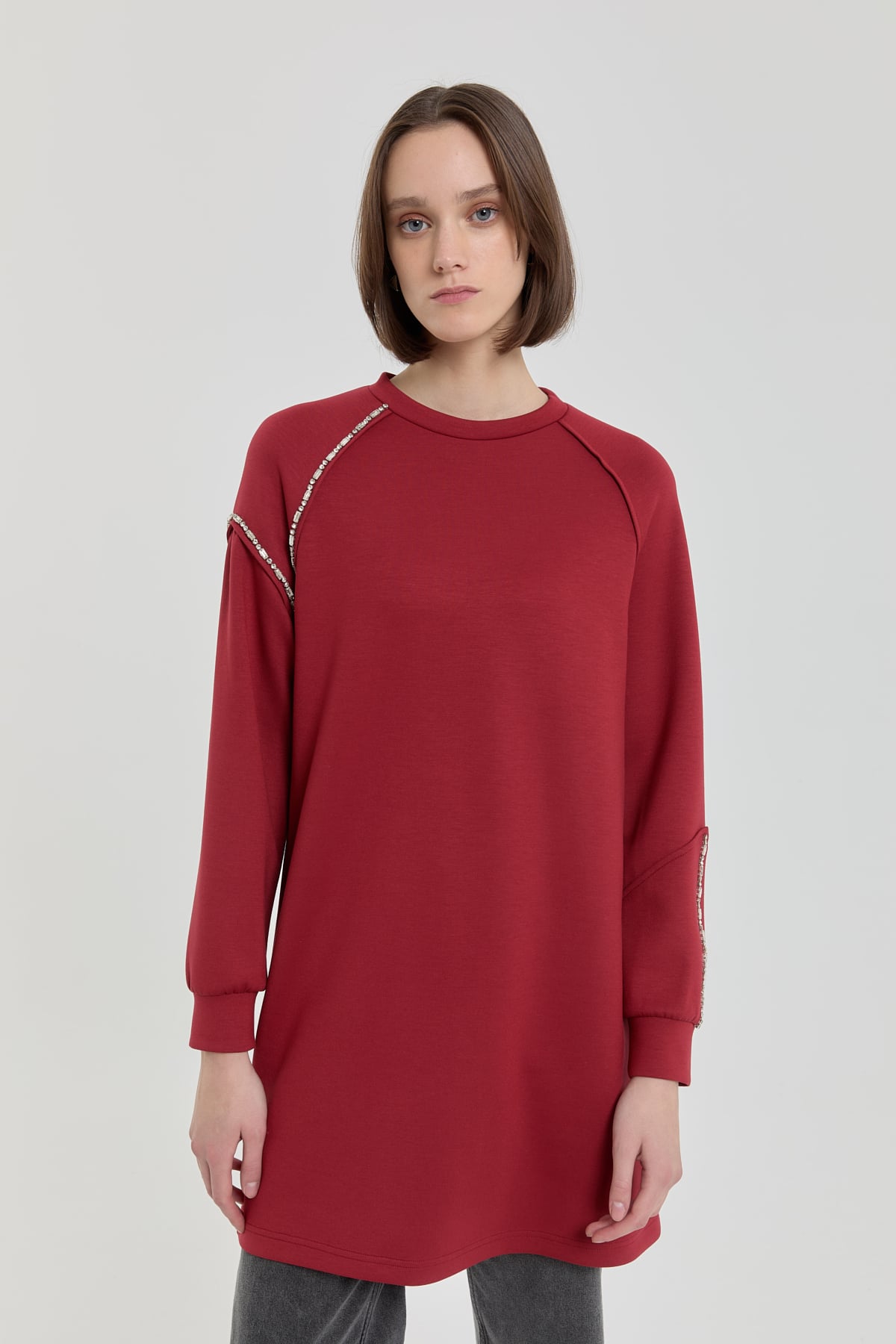 NİHAN Sweat Taş Detaylı Örme Sweat  Bordo_modest
