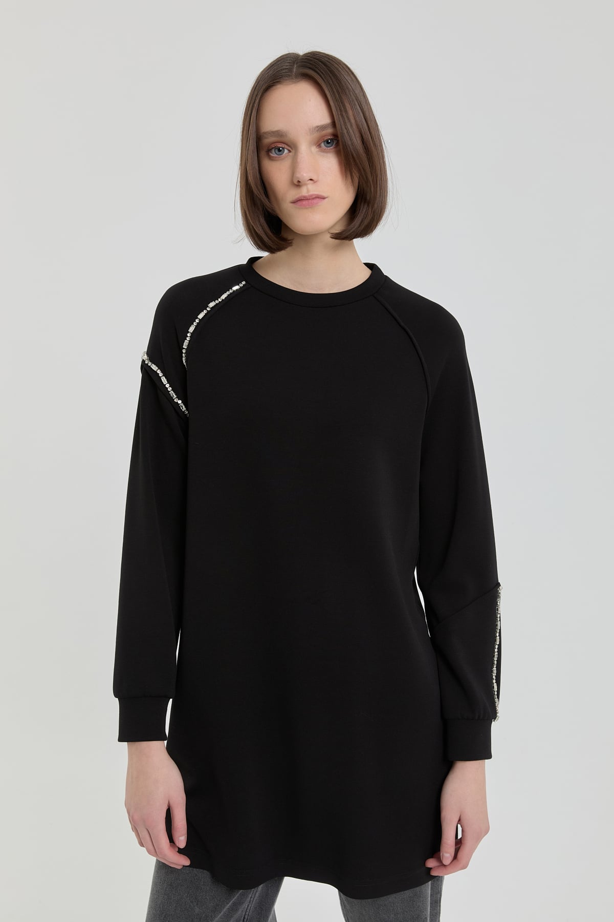 NİHAN Sweatshirt Taş Detaylı Örme Sweat  Siyah_modest