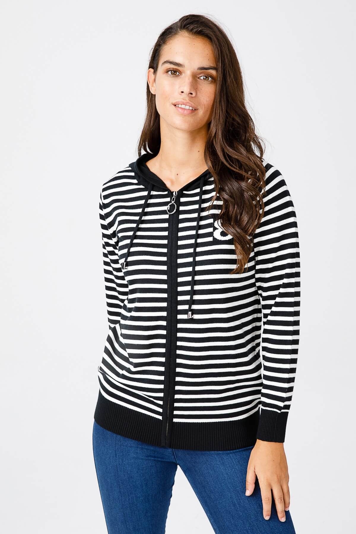 ON TRİKO Cardigan Hırka Kapüşonlu Çizgili Spor  Ekru