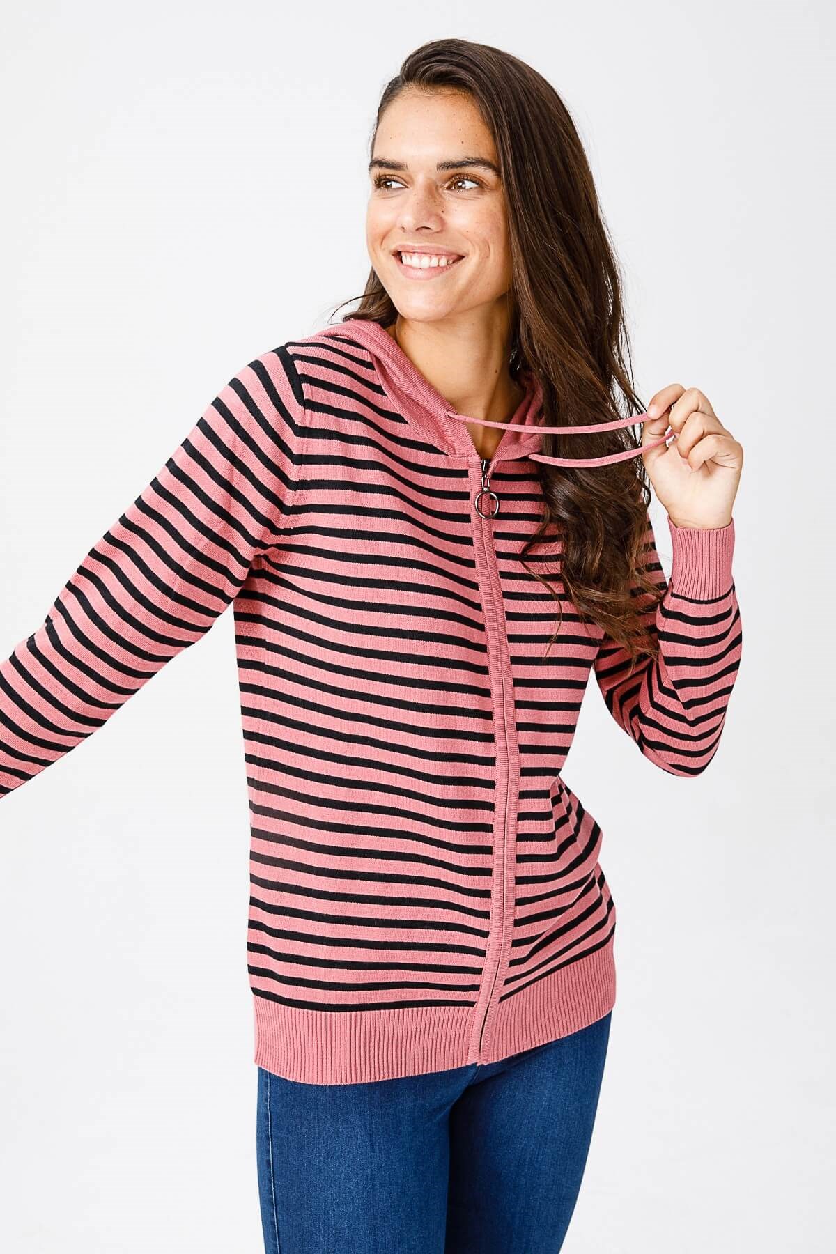 ON TRİKO Cardigan Hırka Kapüşonlu Çizgili Spor  Rose