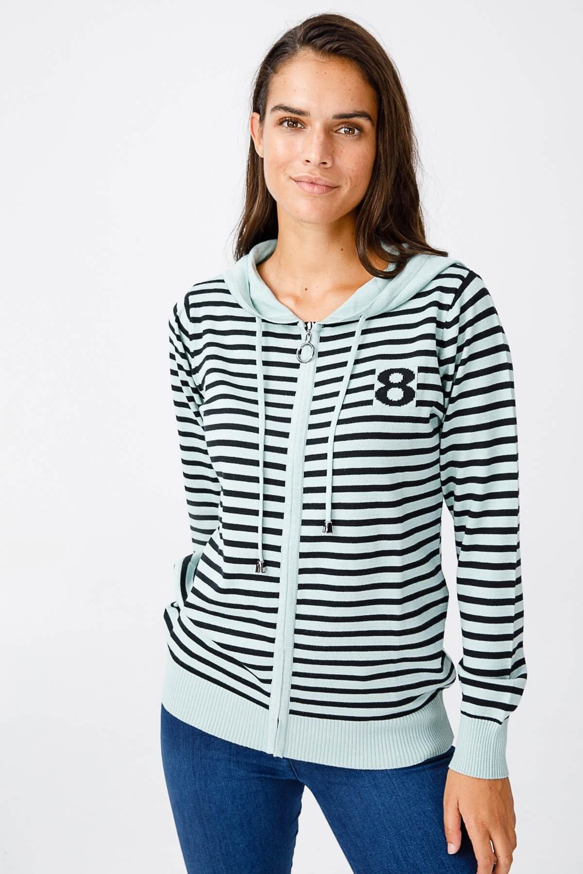ON TRİKO Cardigan Hırka Kapüşonlu Çizgili Spor  Mint