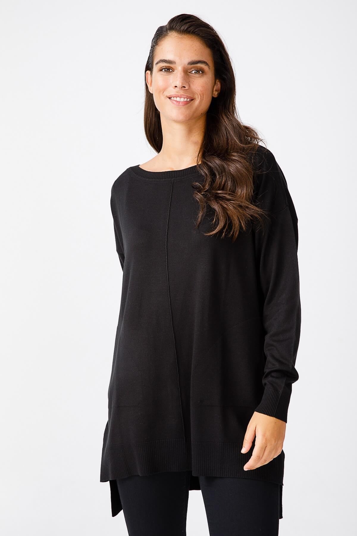 ON TRİKO Tunic On Triko Kayık Yaka, Kalın Lastikli Kazak  Siyah