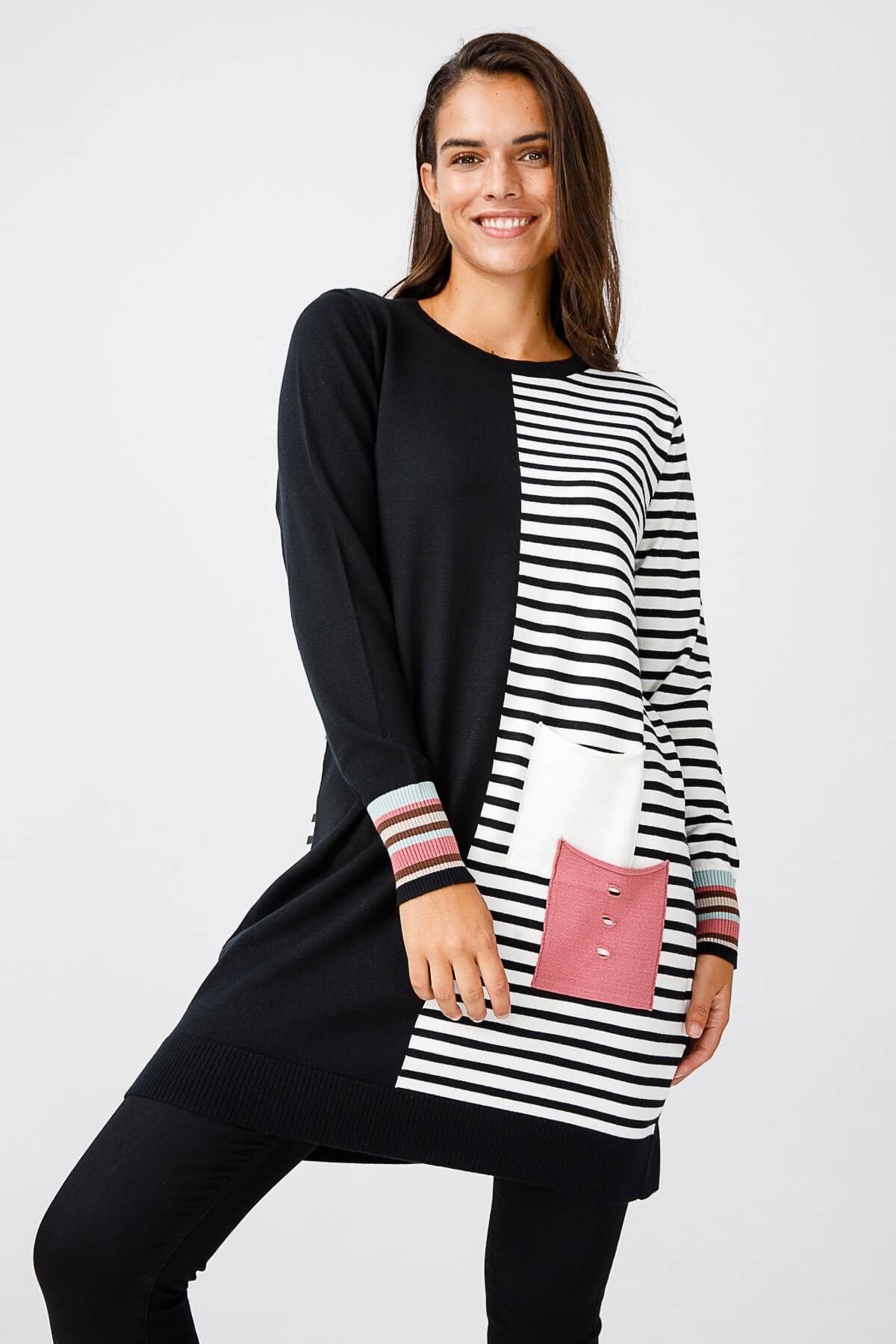 ON TRİKO Tunic On Triko  Kolu Çok Renkli Yarısı Çizgili Cep Detaylı Tunik  Siyah